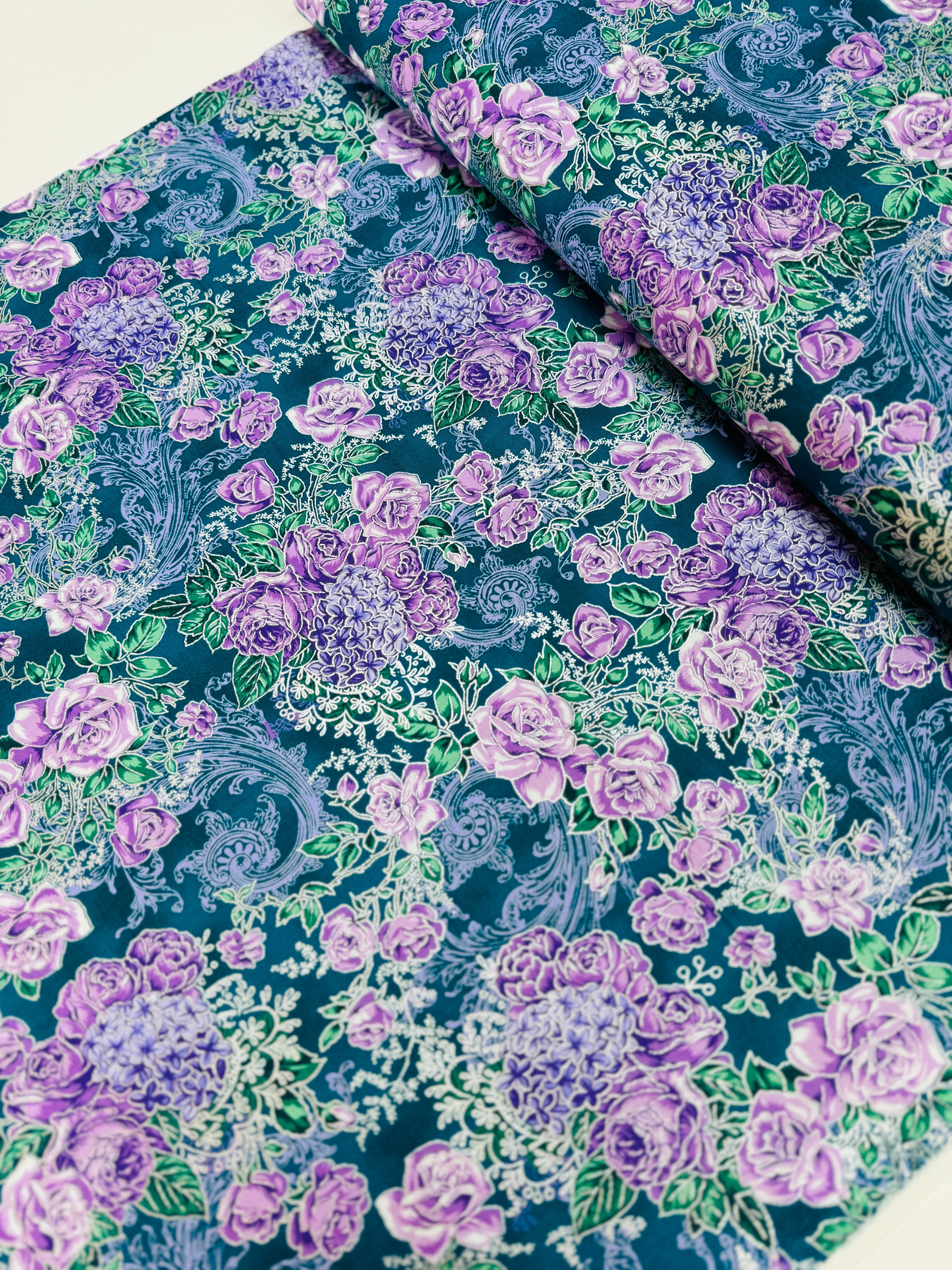 Mystic Moon teal floral quilting cotton by Studio RK for Robert Kaufman – teal flowers with silver metallic accents, 43/44″ wide