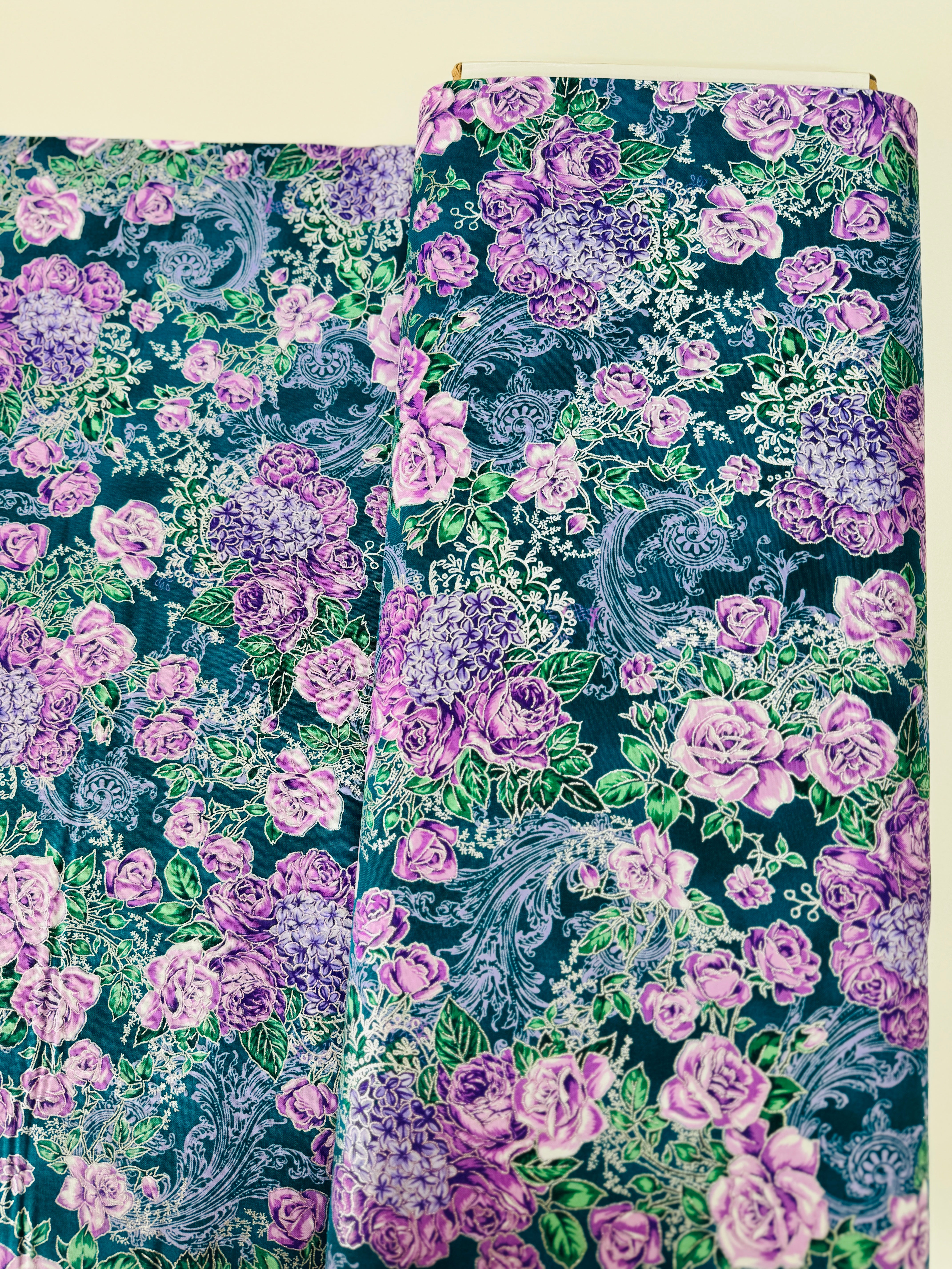 Mystic Moon teal floral quilting cotton by Studio RK for Robert Kaufman – teal flowers with silver metallic accents, 43/44″ wide
