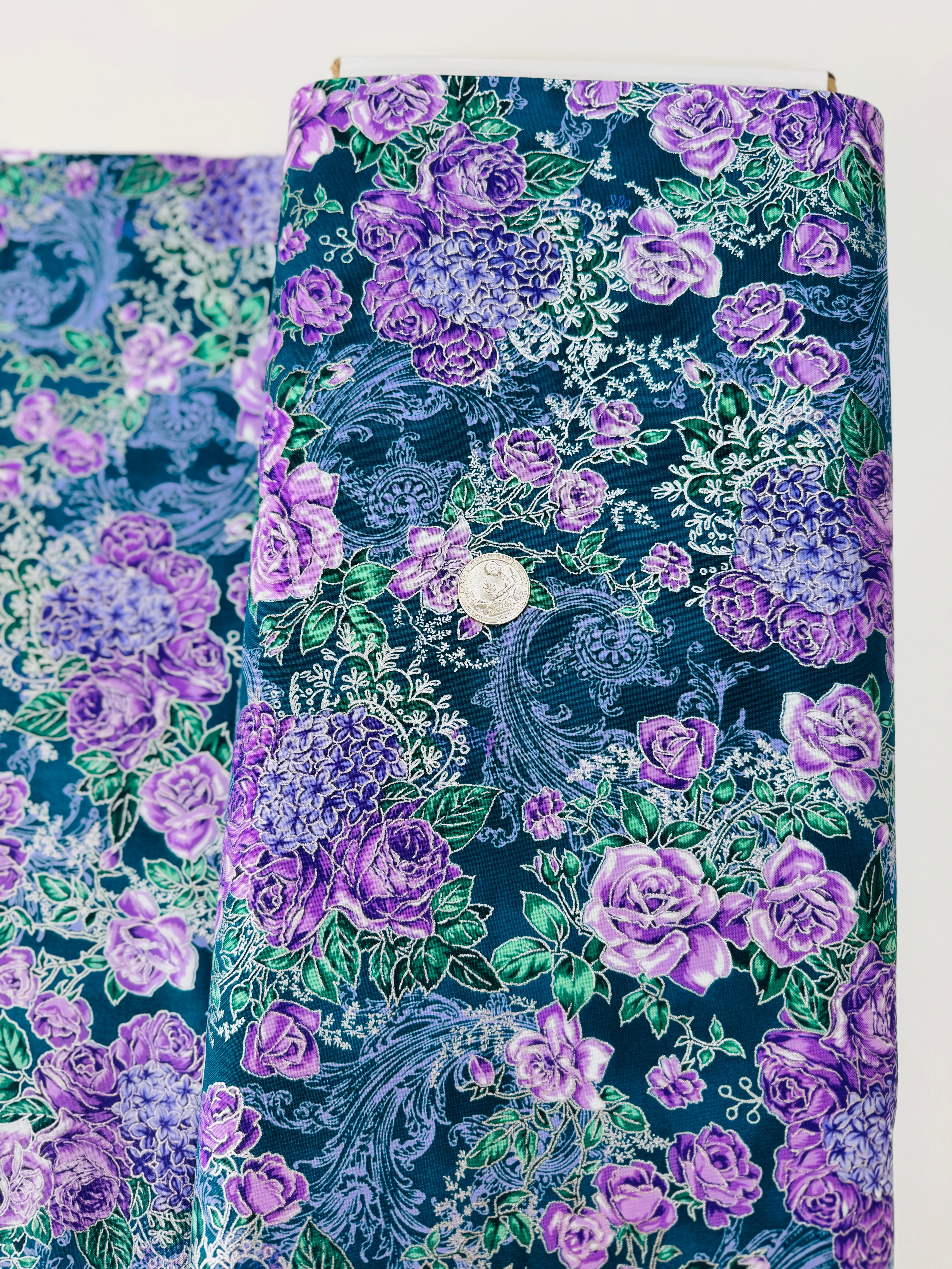 Mystic Moon teal floral quilting cotton by Studio RK for Robert Kaufman – teal flowers with silver metallic accents, 43/44″ wide