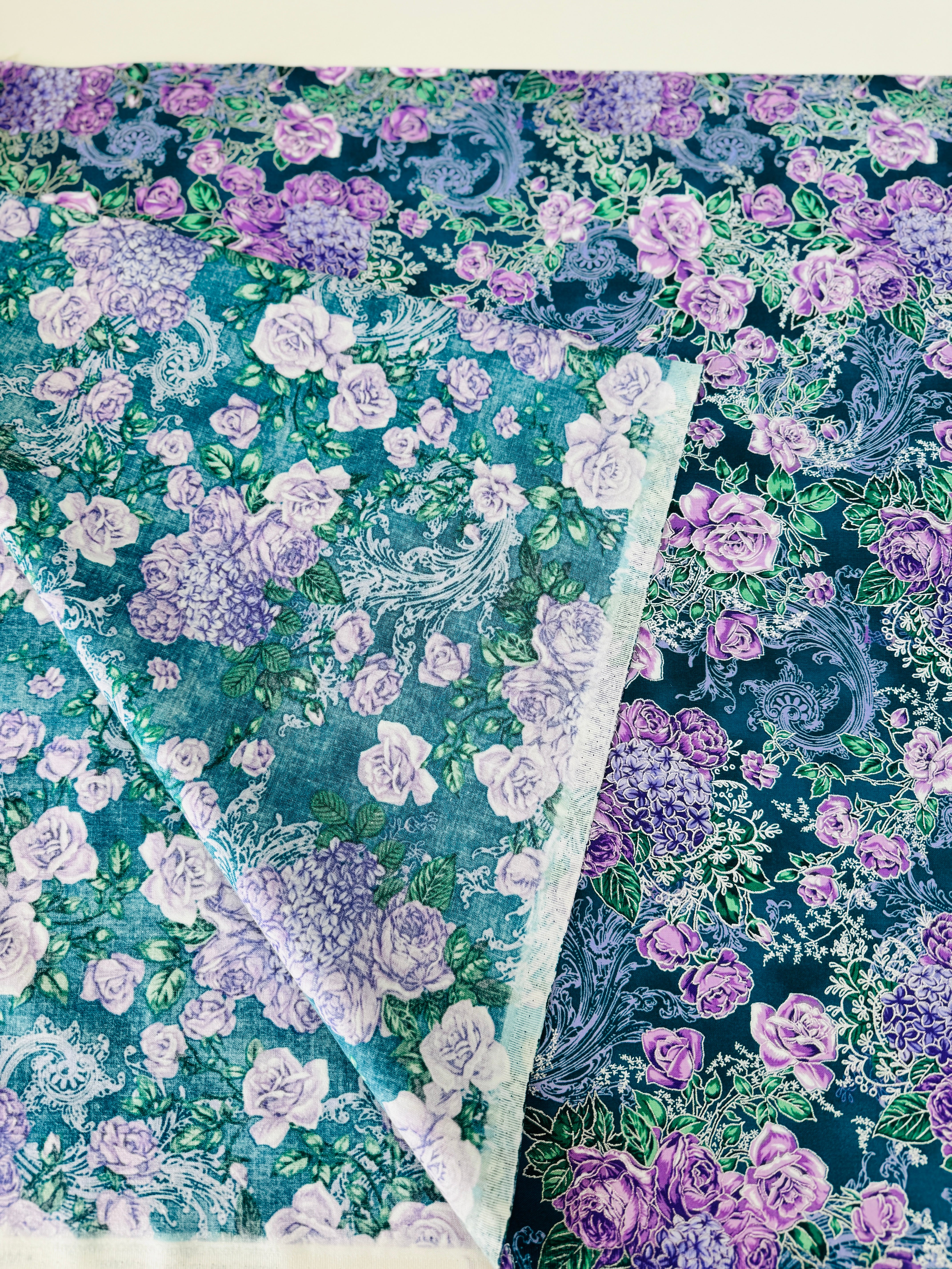 Mystic Moon teal floral quilting cotton by Studio RK for Robert Kaufman – teal flowers with silver metallic accents, 43/44″ wide