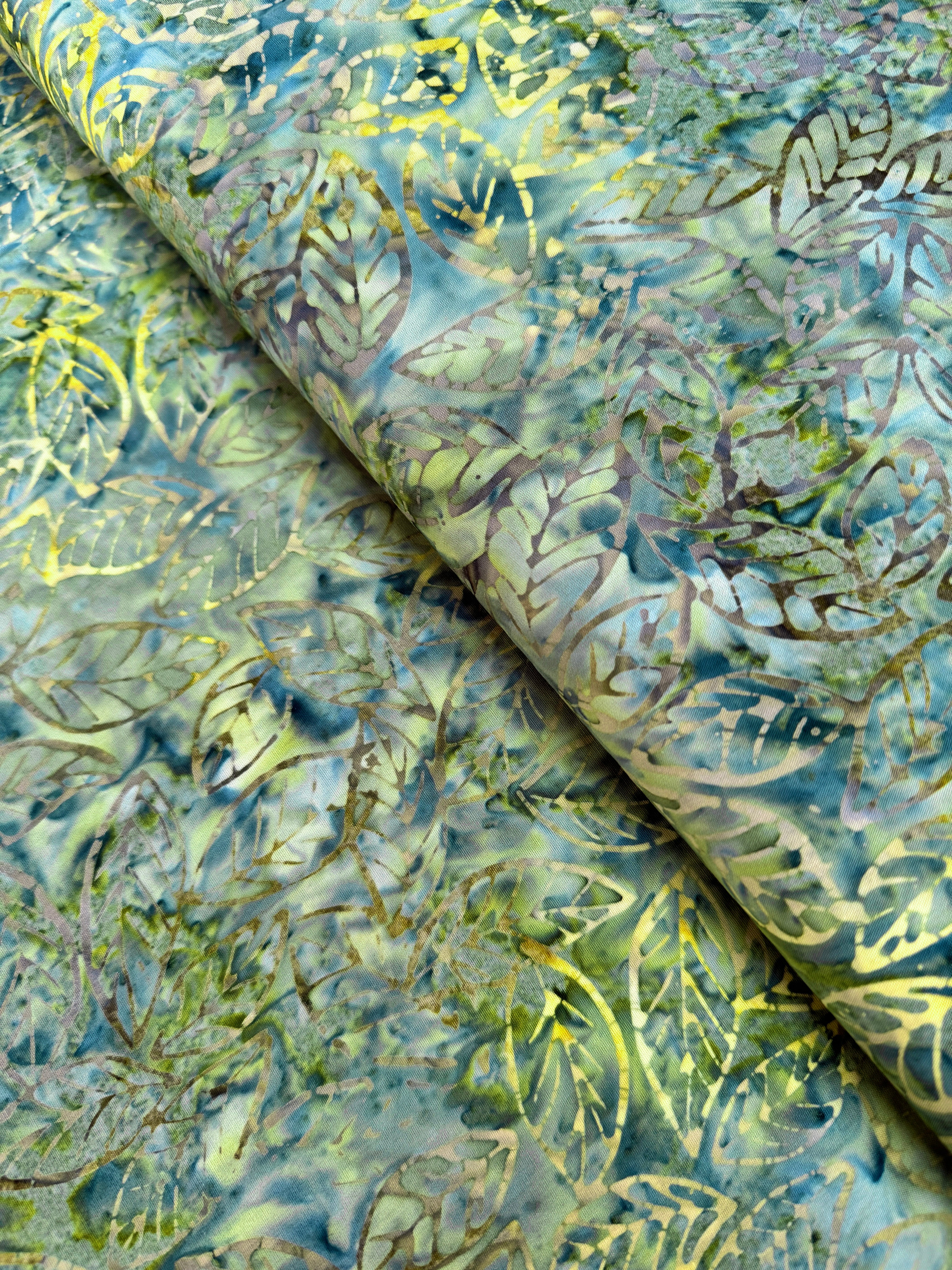 Tonga Stormy Sea - Leaves Fern Green Batik Yardage