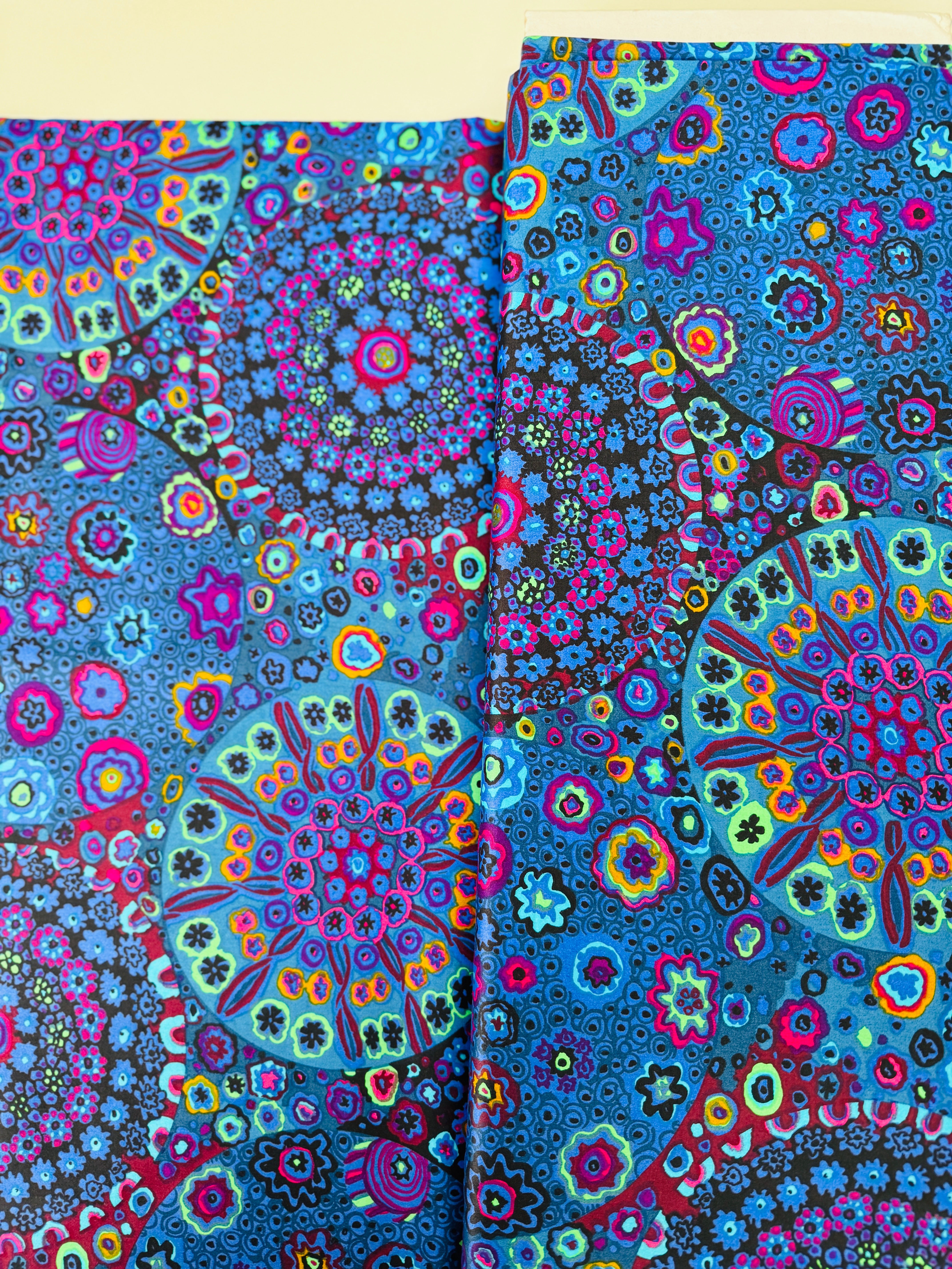 Kaffe Fassett Millefiore Blue wide quilt backing fabric – 108" cotton floral