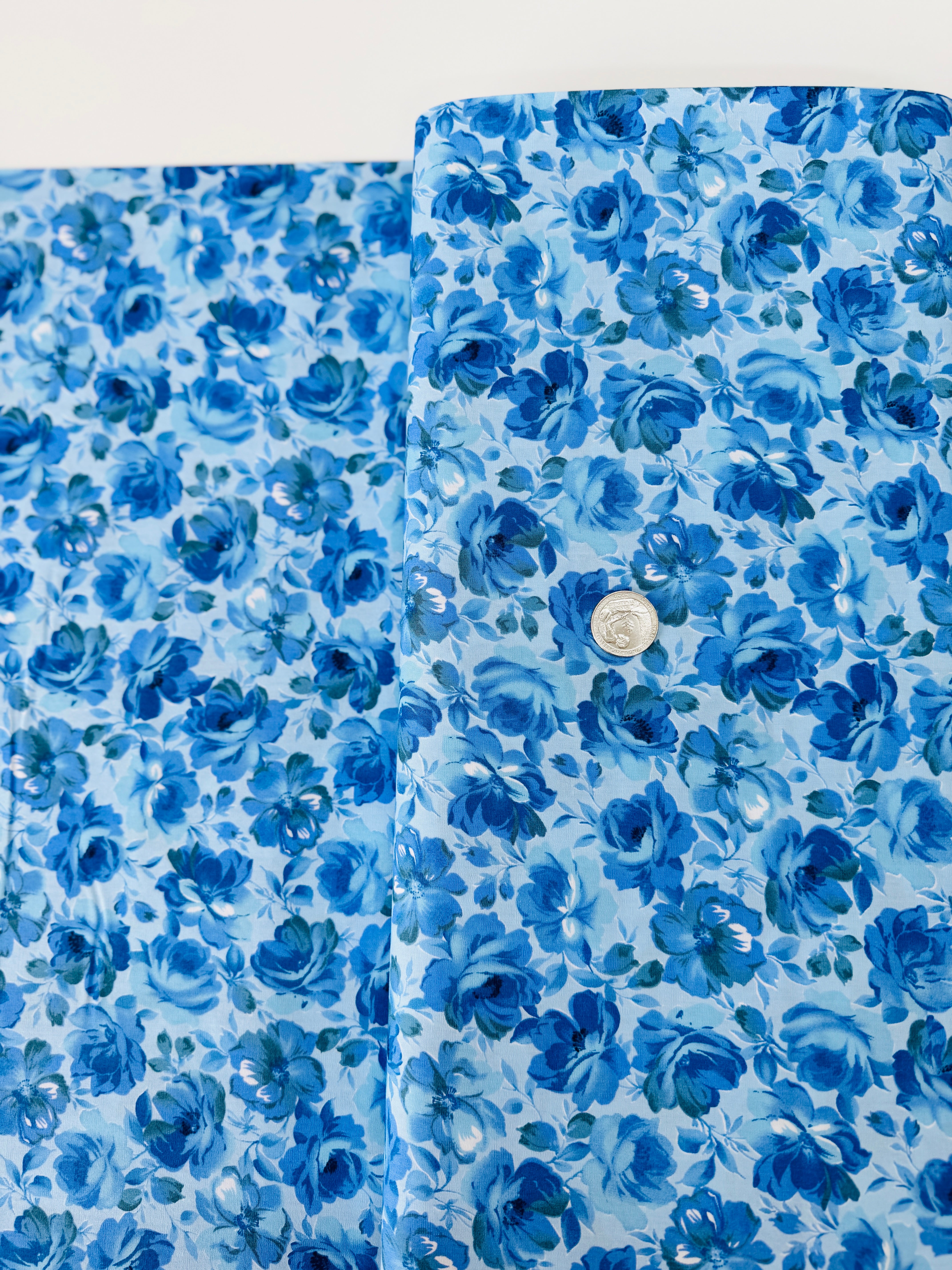 Garden Blues Sky quilting cotton by Sevenberry for Robert Kaufman – delicate blue blossoms on light sky‑blue background, 43–44″ wide