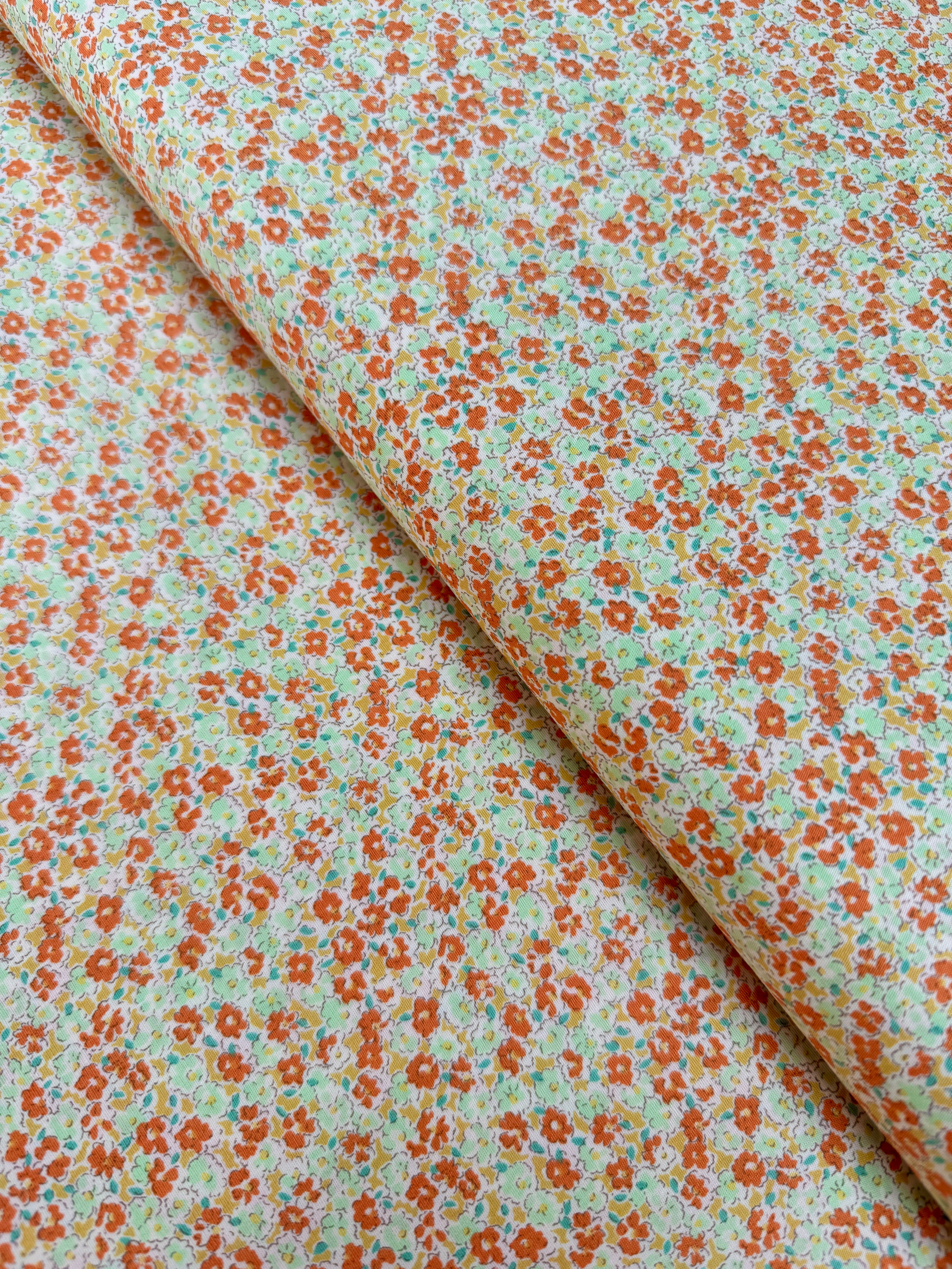 Petite Garden Sevenberry Petite Florals Orange quilting cotton – tiny orange yellow florals on white, 43″ wide