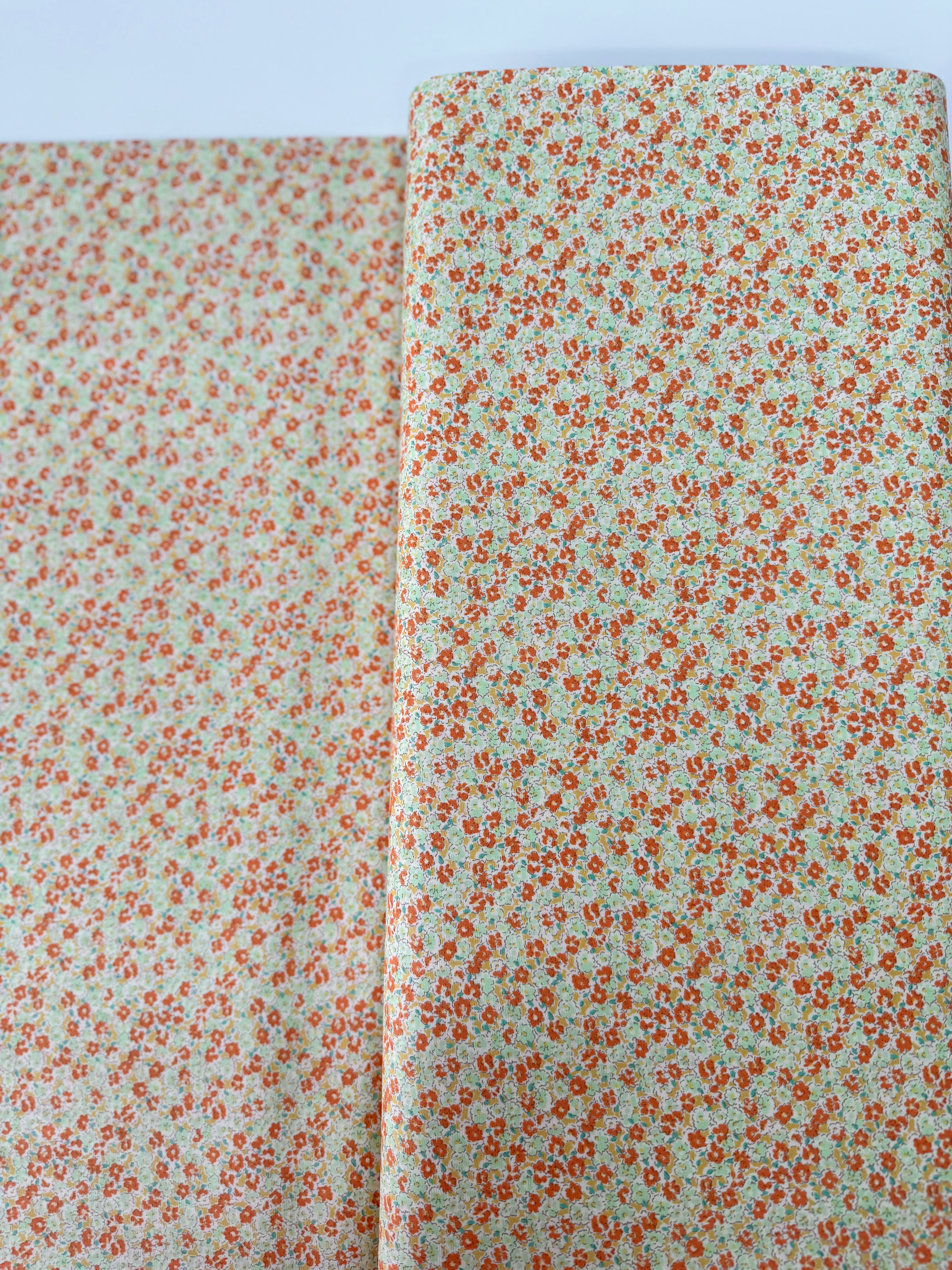 Petite Garden Sevenberry Petite Florals Orange quilting cotton – tiny orange yellow florals on white, 43″ wide