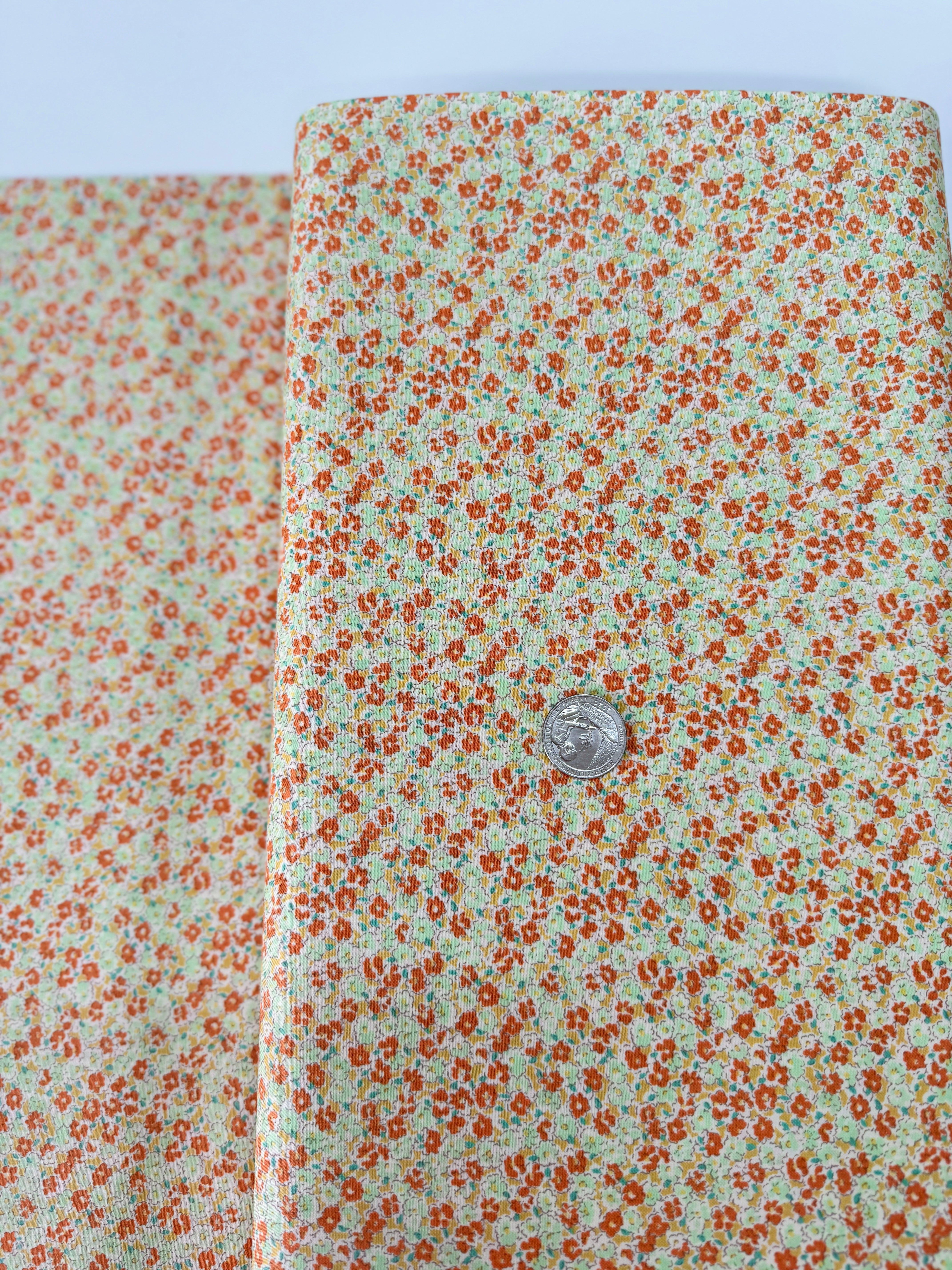 Petite Garden Sevenberry Petite Florals Orange quilting cotton – tiny orange yellow florals on white, 43″ wide
