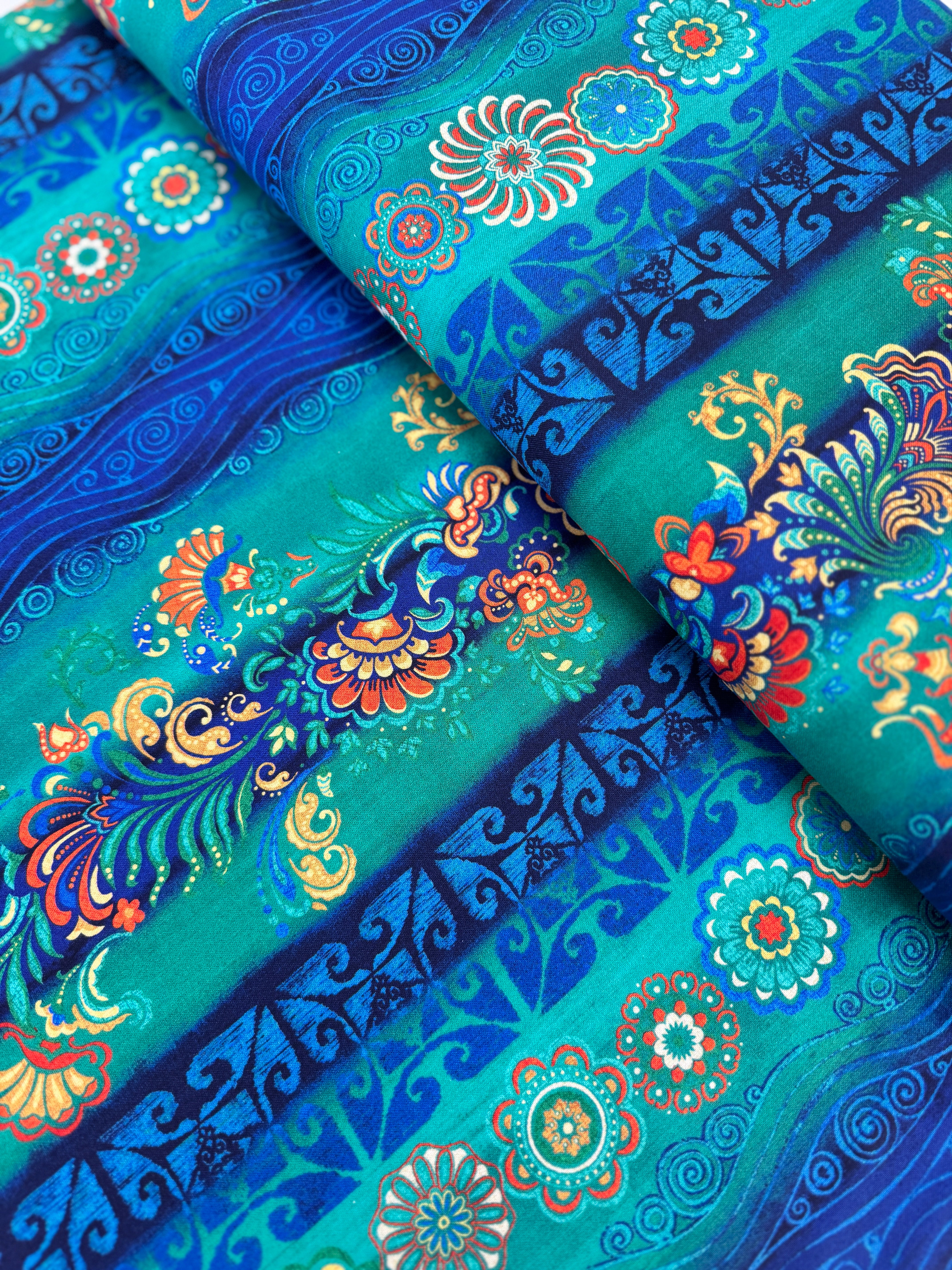 Atlantis Ocean Stripe quilt cotton by Benartex – teal and blue stripes featuring coral, shells, scrolls, and mermaid motifs, 43–44″ wide