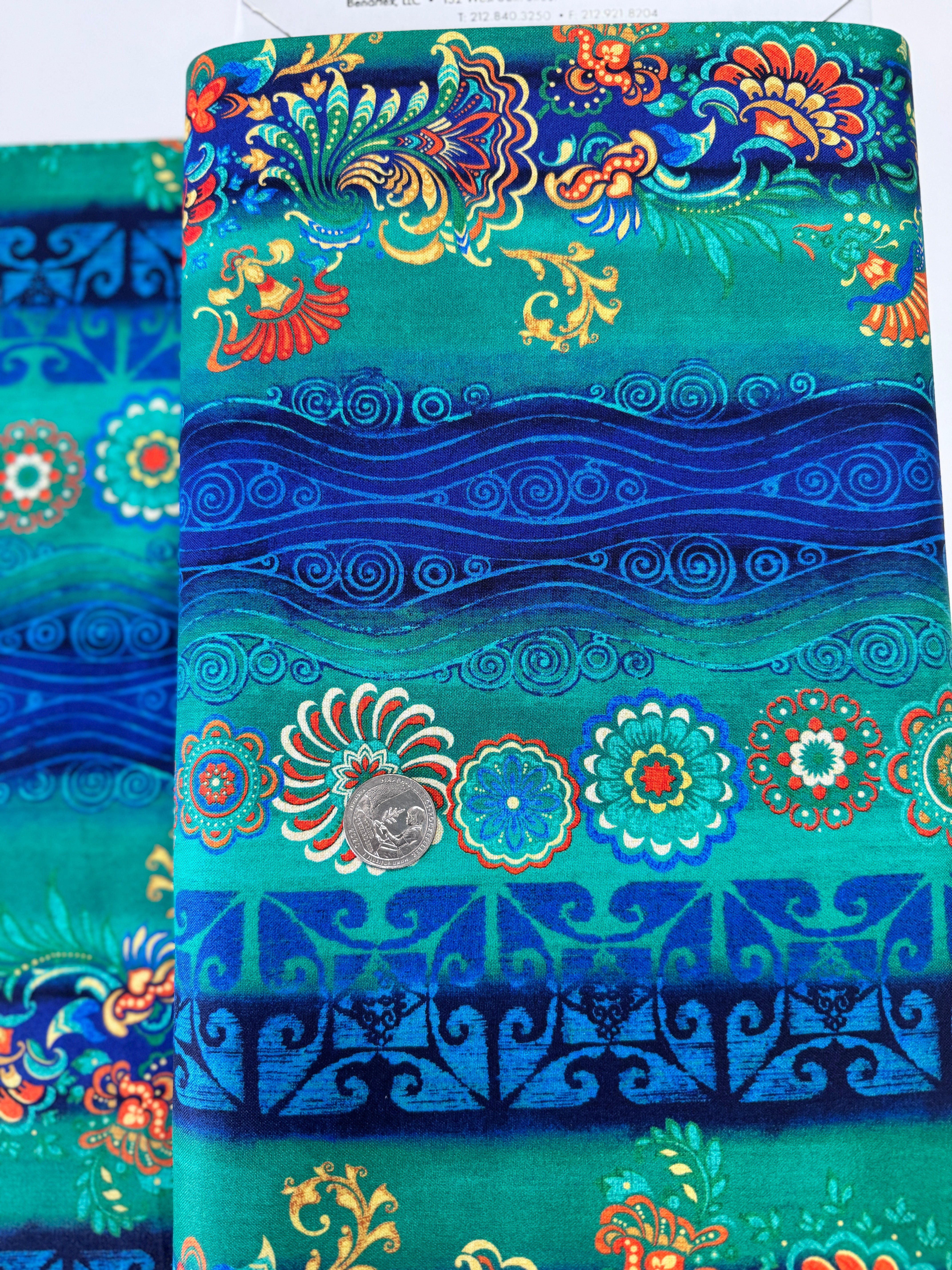 Atlantis Ocean Stripe quilt cotton by Benartex – teal and blue stripes featuring coral, shells, scrolls, and mermaid motifs, 43–44″ wide