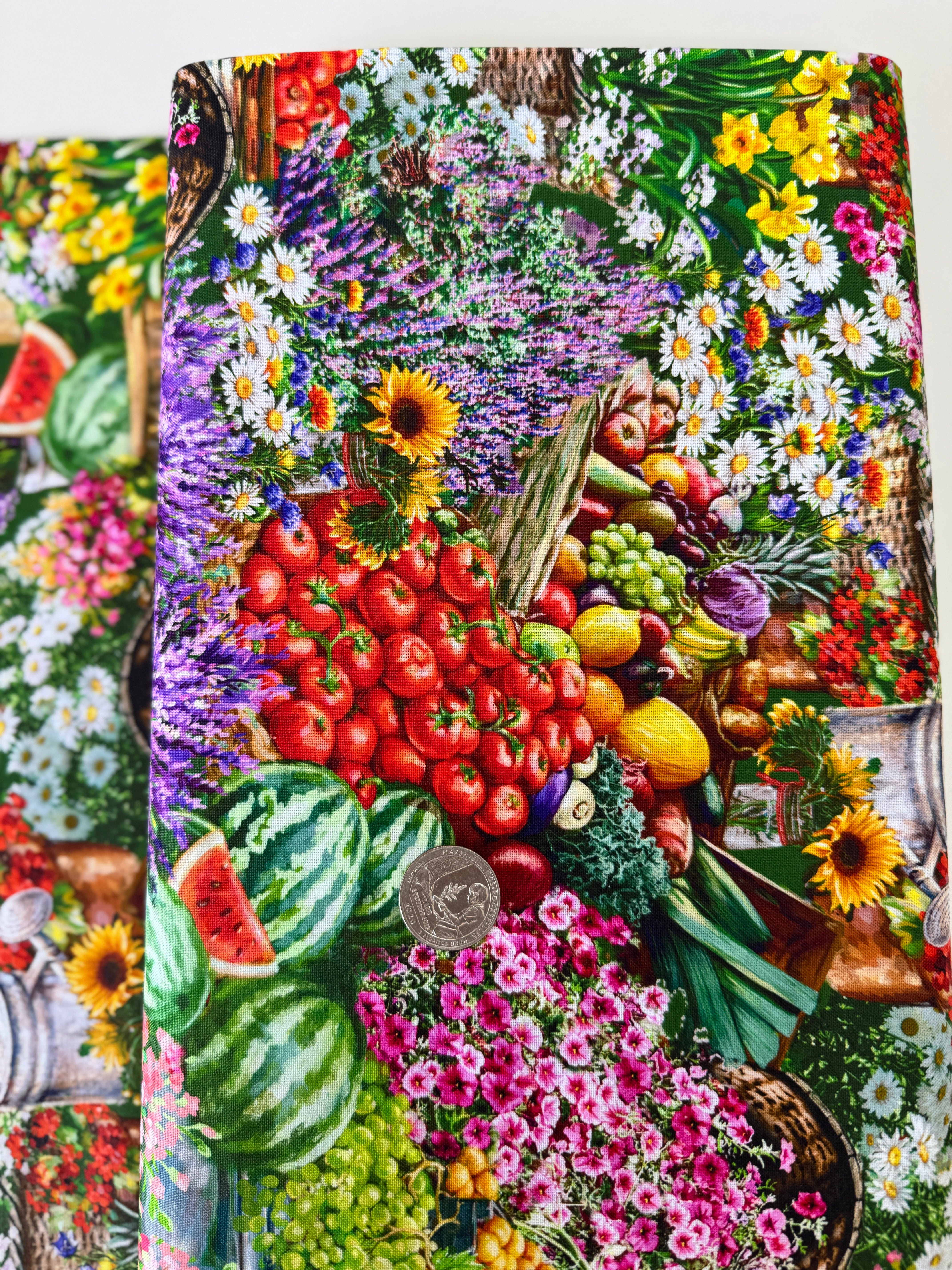 Farm Stand quilting cotton by Dona Gelsinger for Timeless Treasures – colorful produce, flowers, and garden tools on a green background, 43/44″ wide