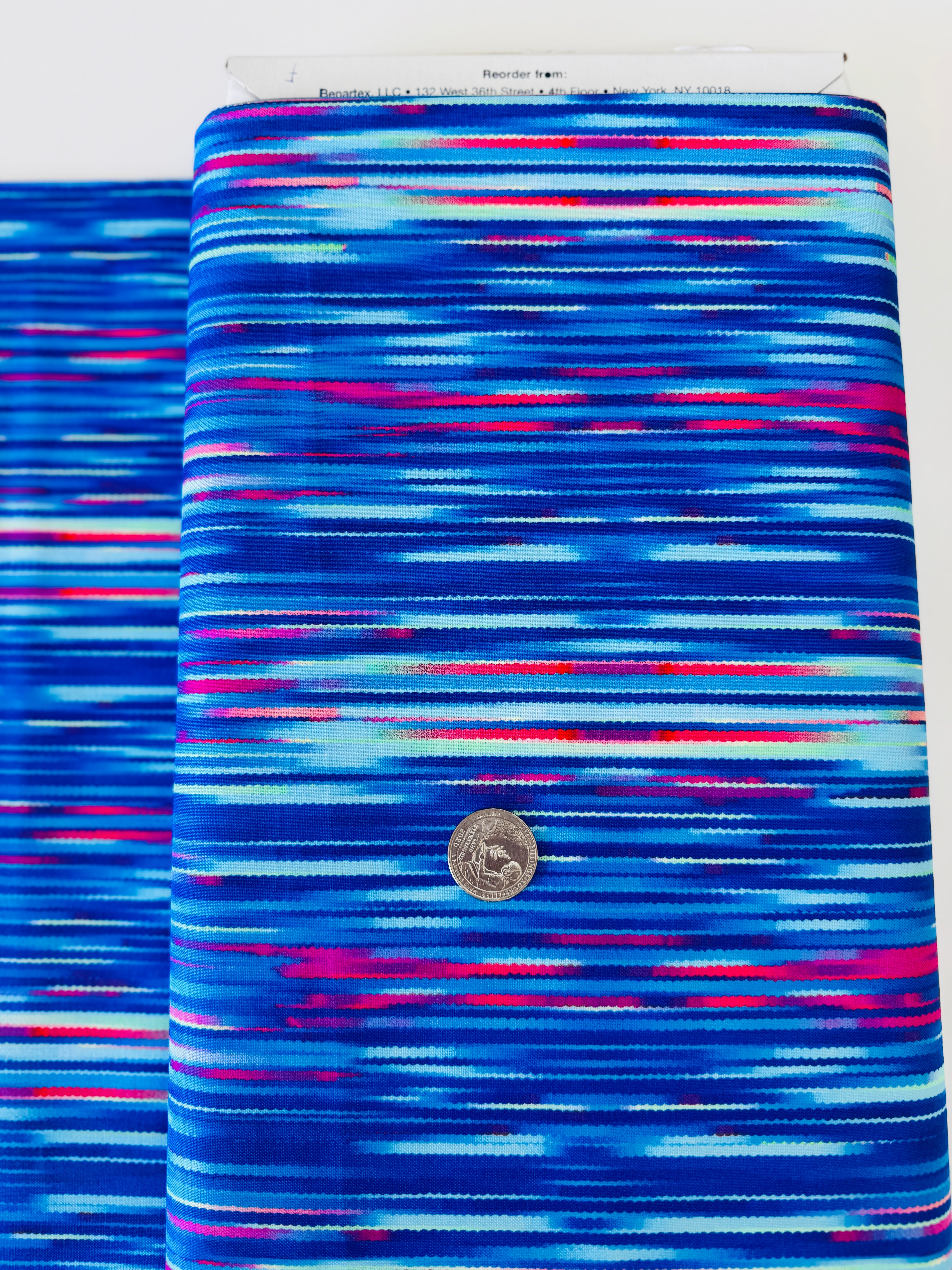Luminous Blooms Cobalt Blue brushstroke pattern on cotton by Kanvas Studio for Benartex – vibrant blue with pink and red streaks