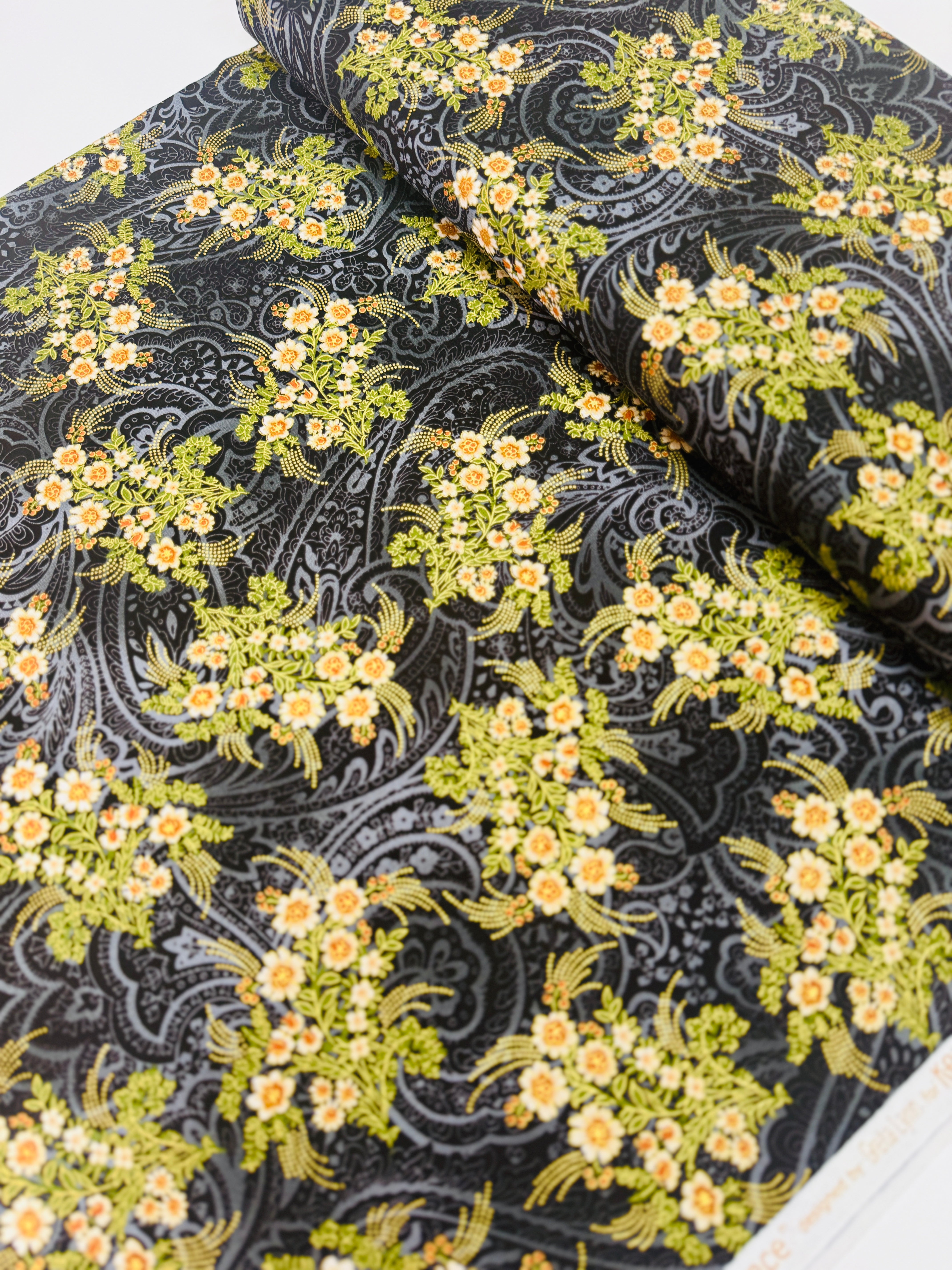 Radiance – Radiant Bouquets Black Metallic Fabric with Metallic Floral Design by Kanvas Studio for Benartex