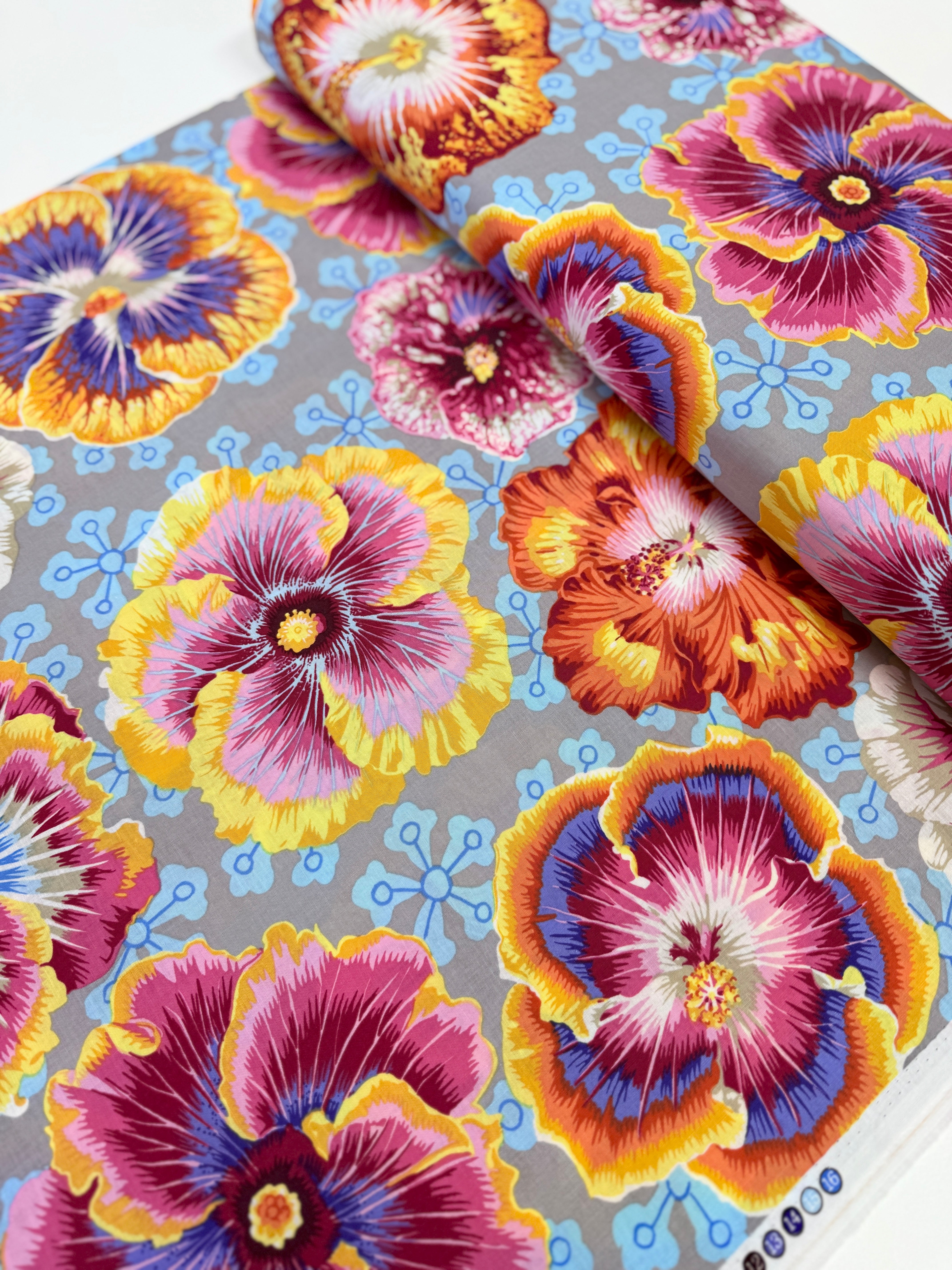 Floating Hibiscus Grey fabric by Philip Jacobs – grey hibiscus floral cotton from the Kaffe Fassett Collective