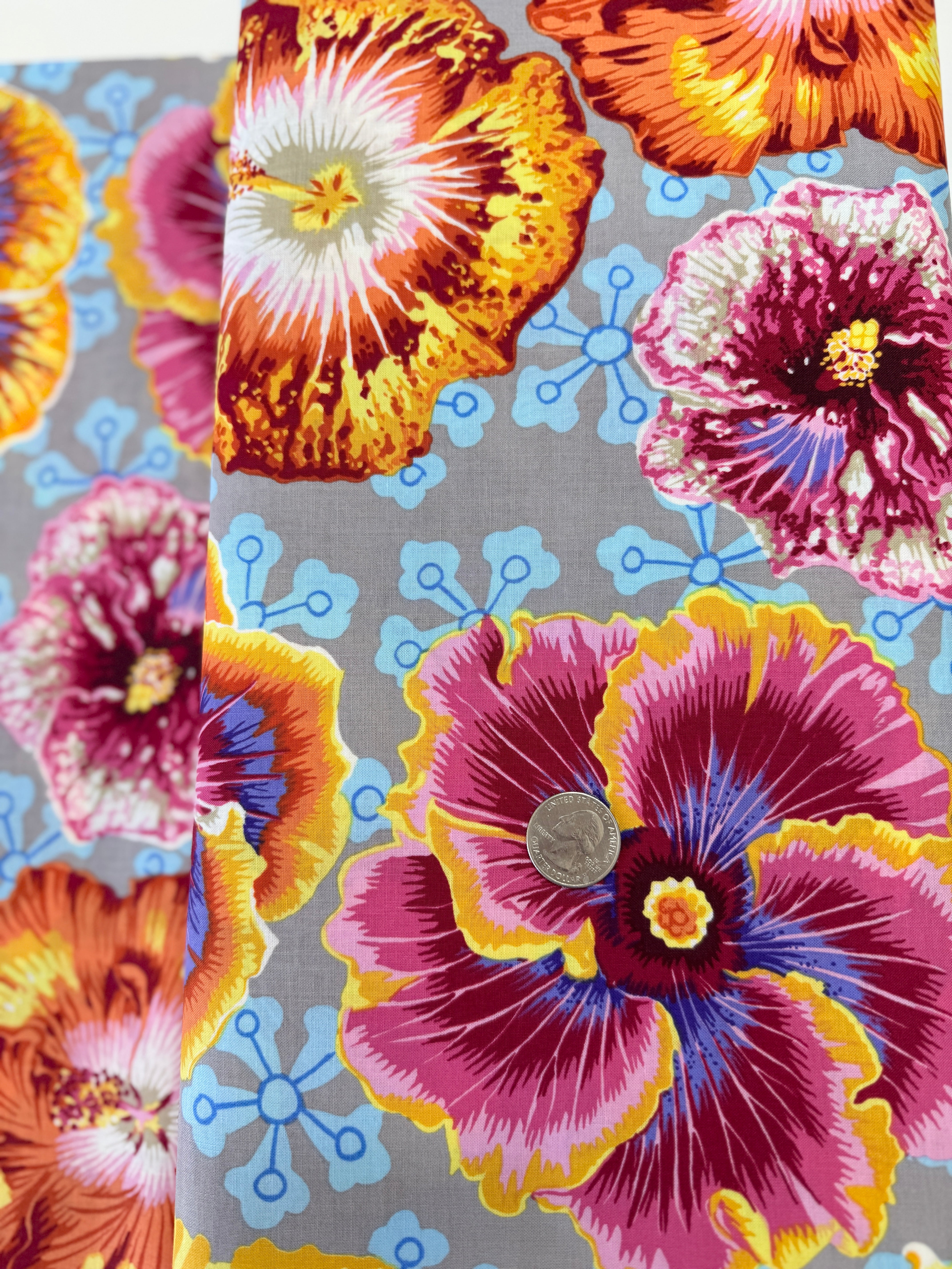 Floating Hibiscus Grey fabric by Philip Jacobs – grey hibiscus floral cotton from the Kaffe Fassett Collective