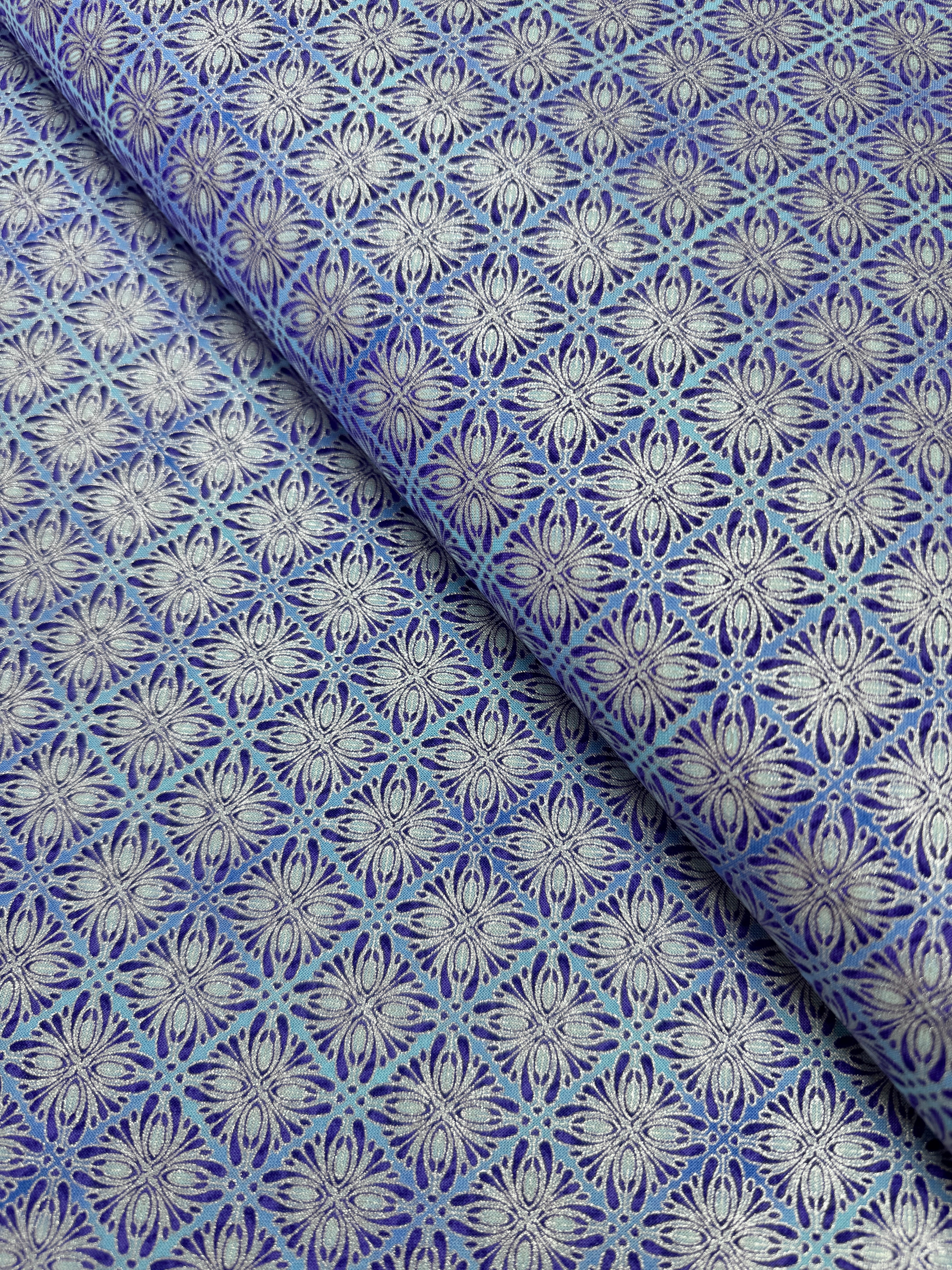 Joli Bijou Tile Blue Jay Silver Metallic Fabric – Robert Kaufman Metallic Cotton