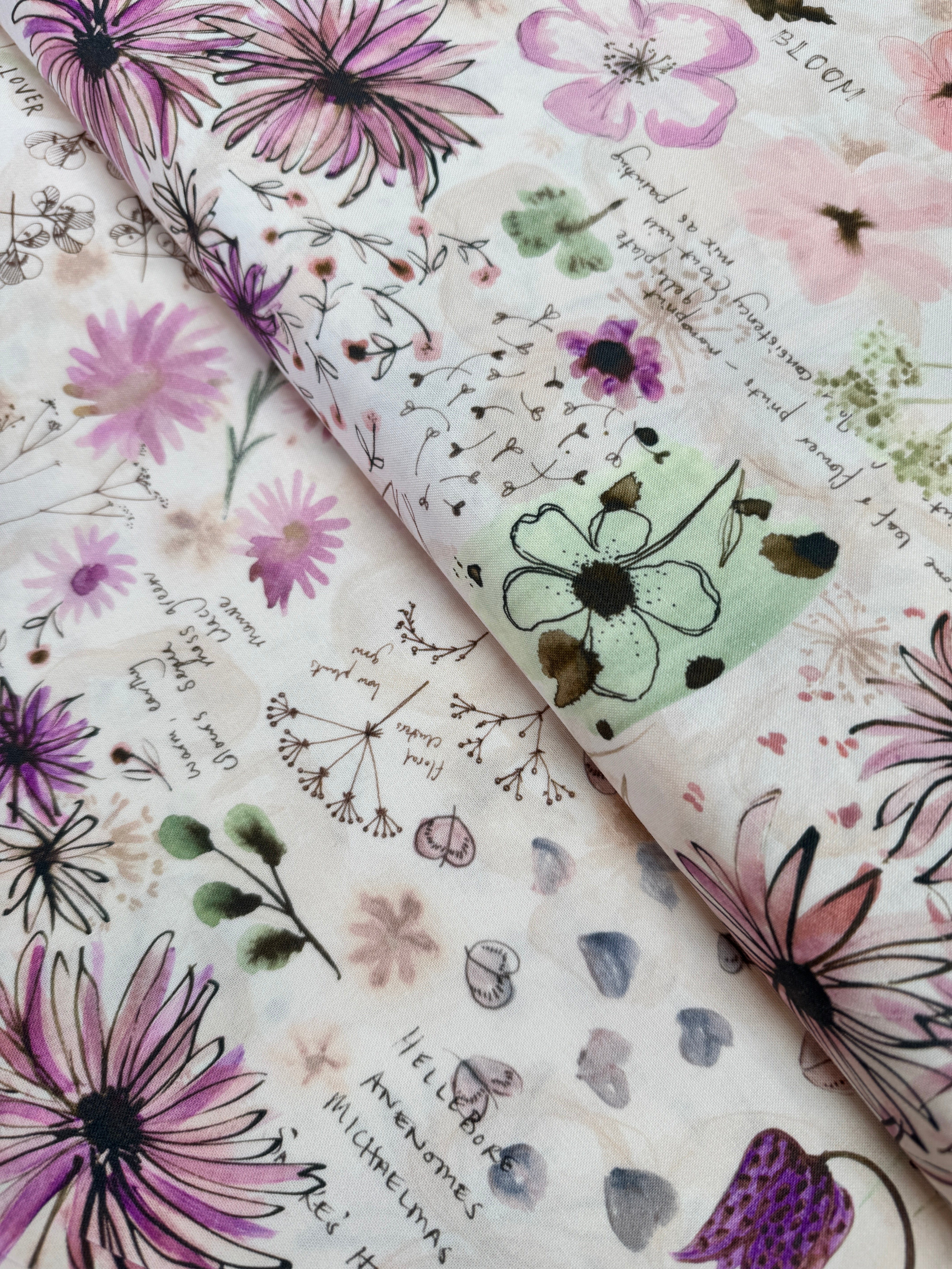 Blooming Lovely – Petal Journal Collage fabric by Janet Clare for Moda Fabrics with layered script, florals, and blush tones.