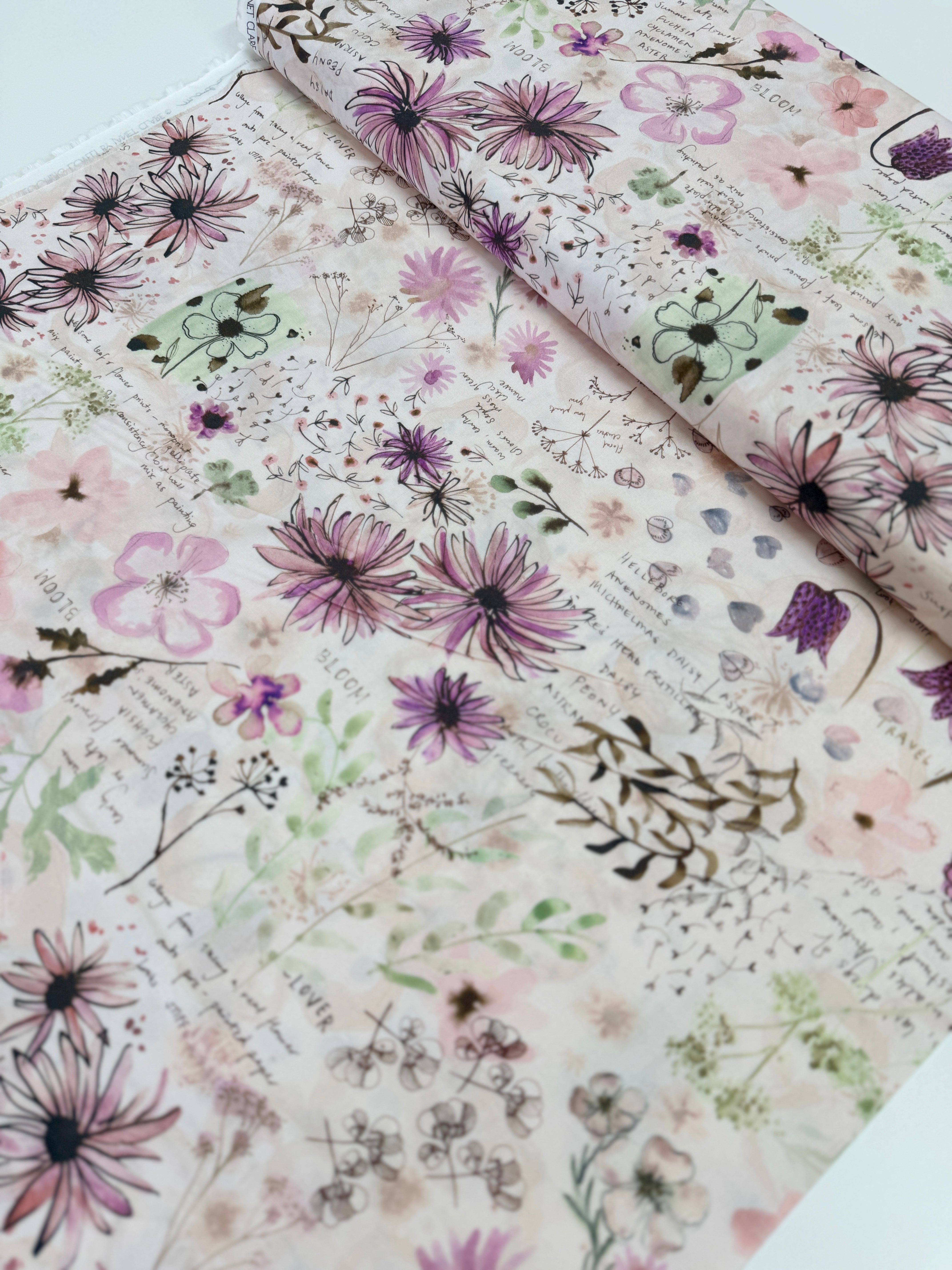Blooming Lovely – Petal Journal Collage fabric by Janet Clare for Moda Fabrics with layered script, florals, and blush tones.