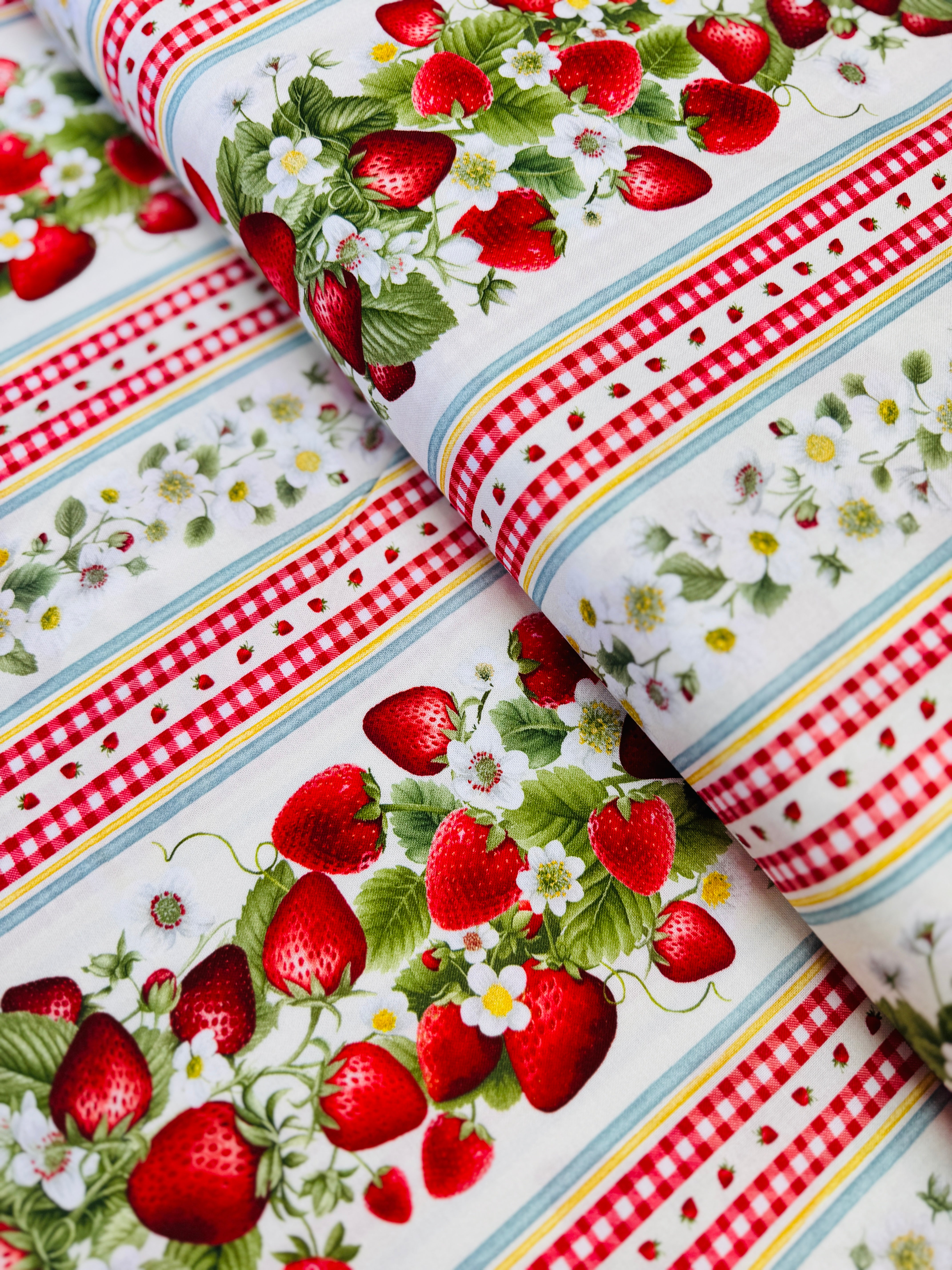 Berry Sweet Sweet Berry 11 Inch Stripe Fabric by Timeless Treasures – digitally printed red strawberries and stripe repeat on white cotton background