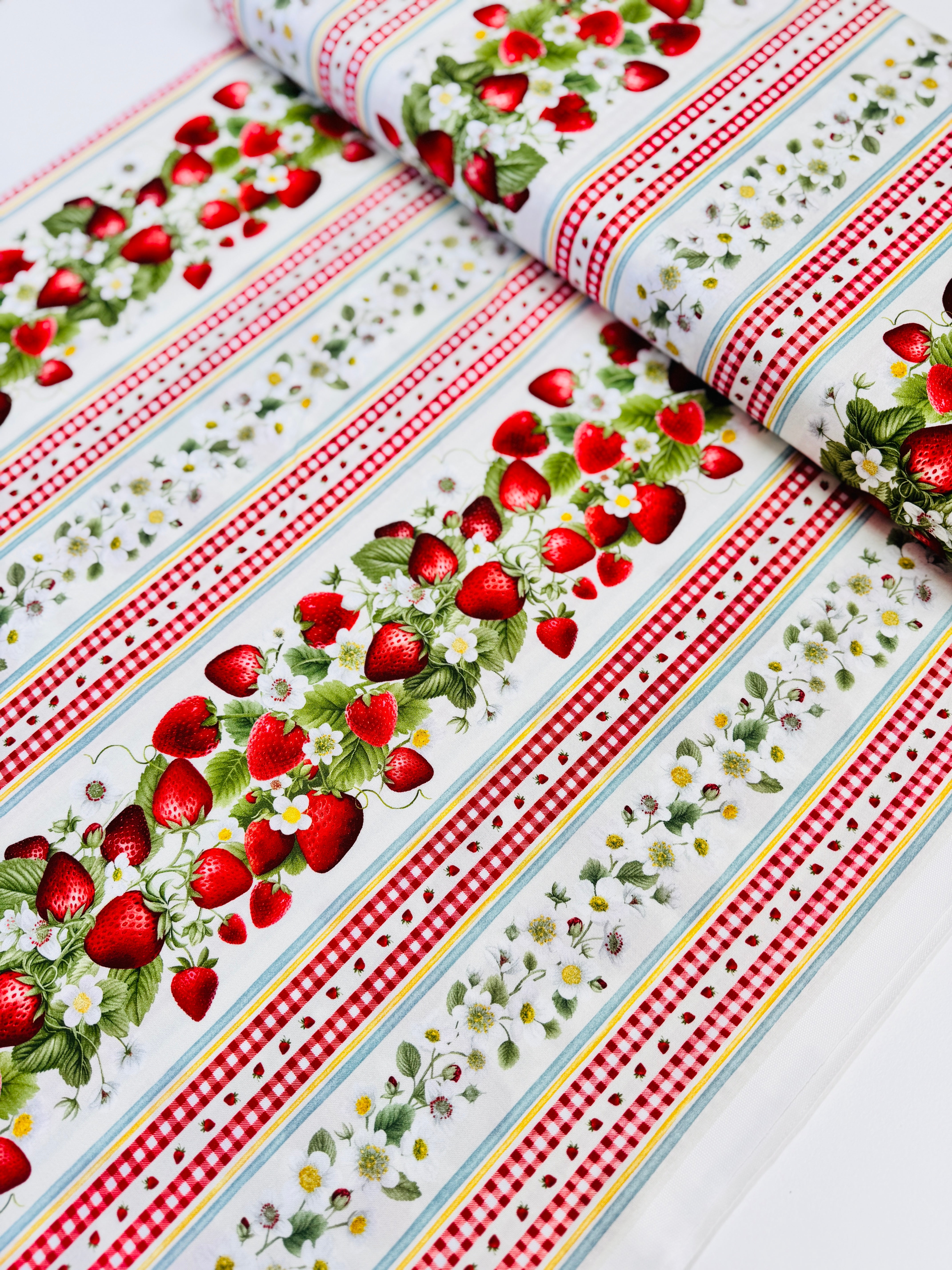 Berry Sweet Sweet Berry 11 Inch Stripe Fabric by Timeless Treasures – digitally printed red strawberries and stripe repeat on white cotton background