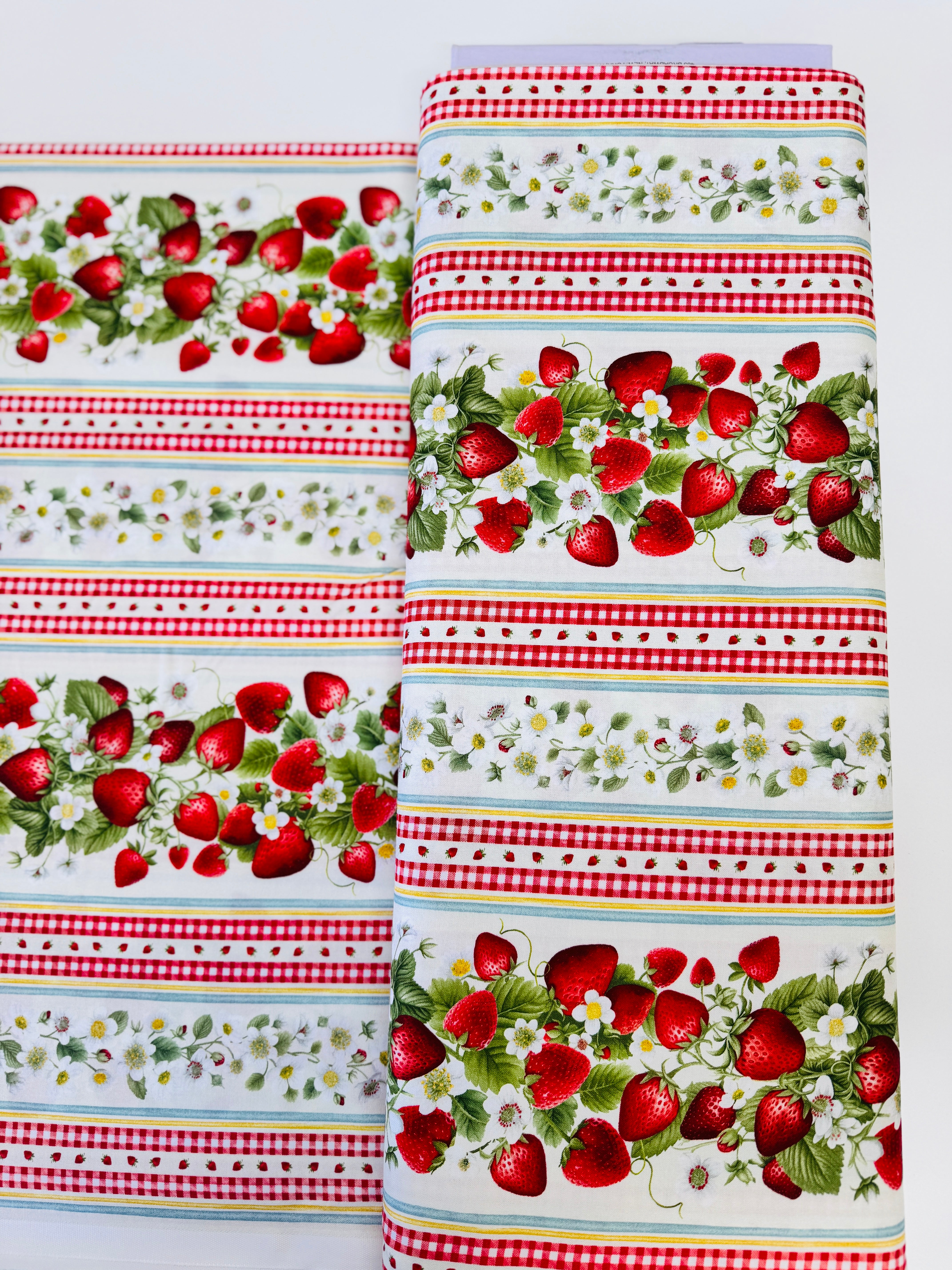 Berry Sweet Sweet Berry 11 Inch Stripe Fabric by Timeless Treasures – digitally printed red strawberries and stripe repeat on white cotton background