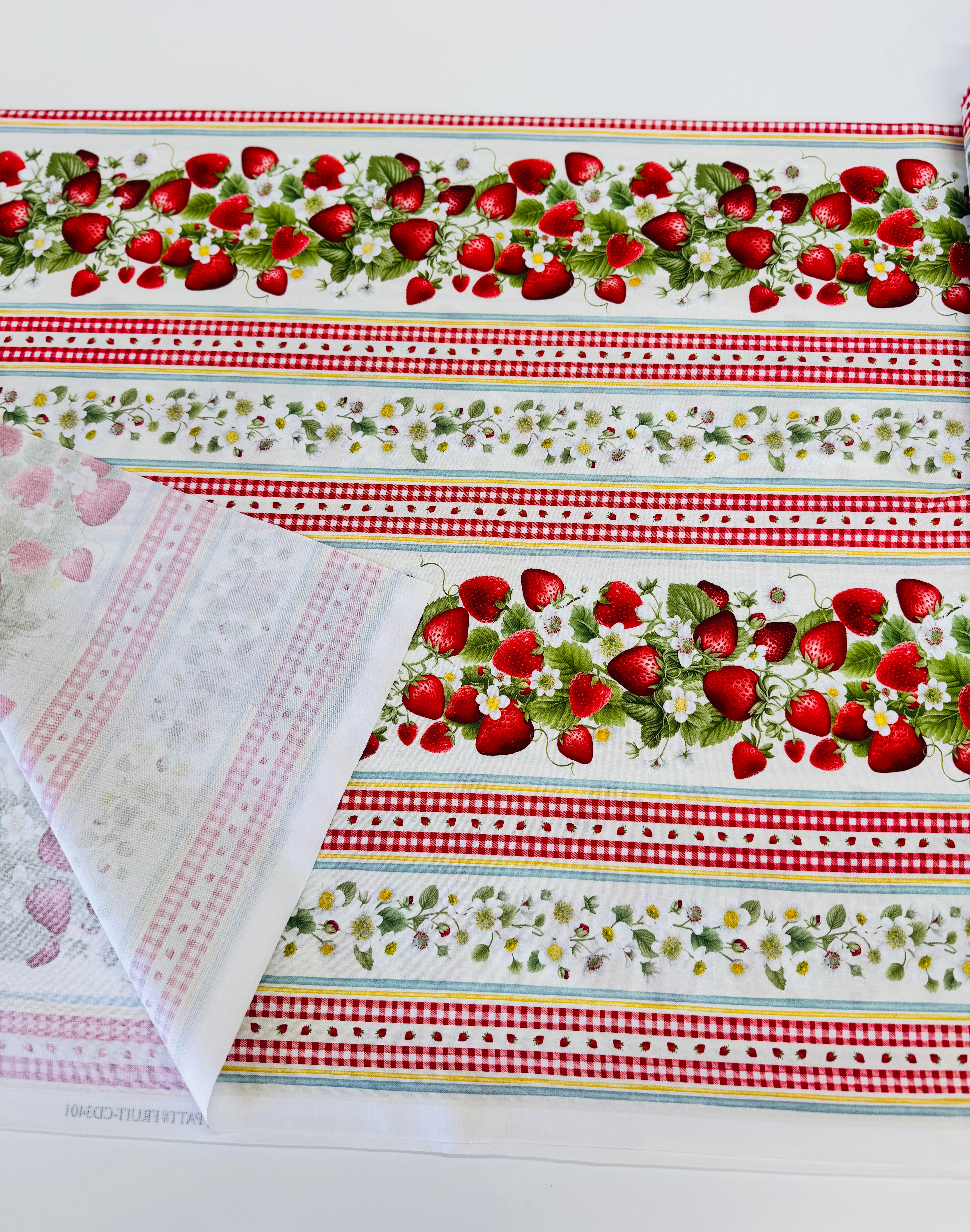 Berry Sweet Sweet Berry 11 Inch Stripe Fabric by Timeless Treasures – digitally printed red strawberries and stripe repeat on white cotton background