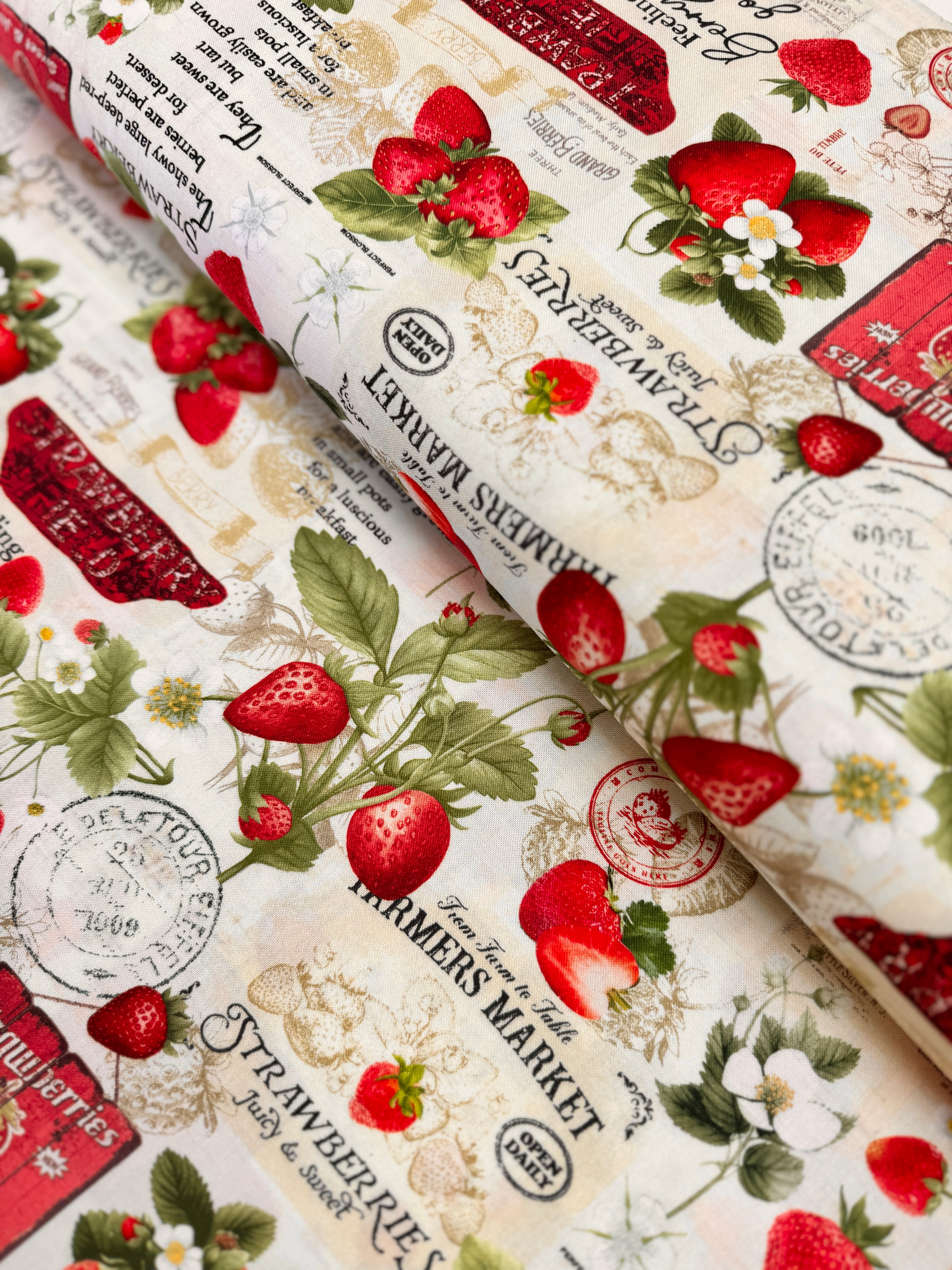 Berry Sweet Strawberries Market Collage Beige Fabric by Timeless Treasures – digitally printed red strawberry and market text design on beige cotton