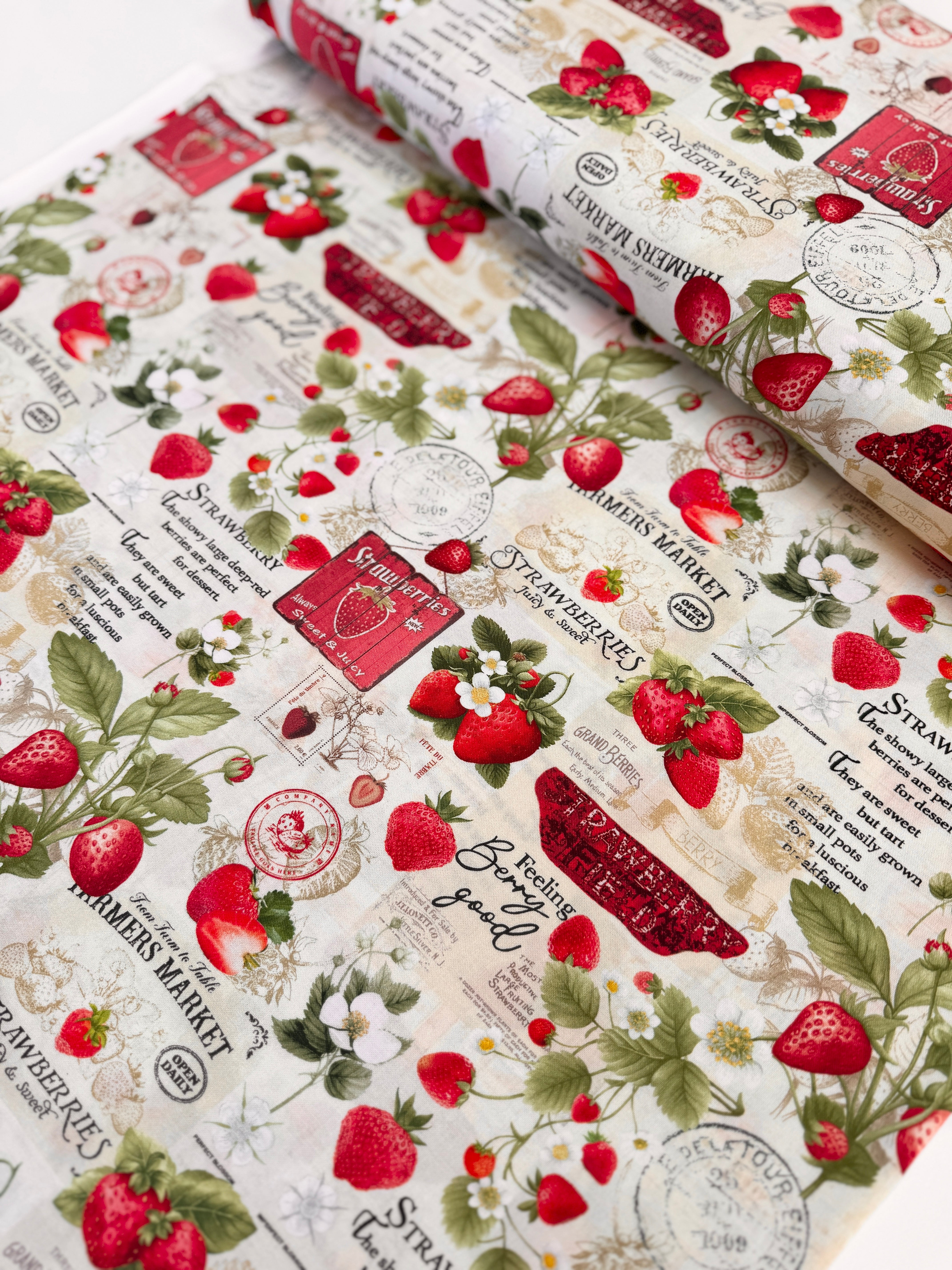 Berry Sweet Strawberries Market Collage Beige Fabric by Timeless Treasures – digitally printed red strawberry and market text design on beige cotton