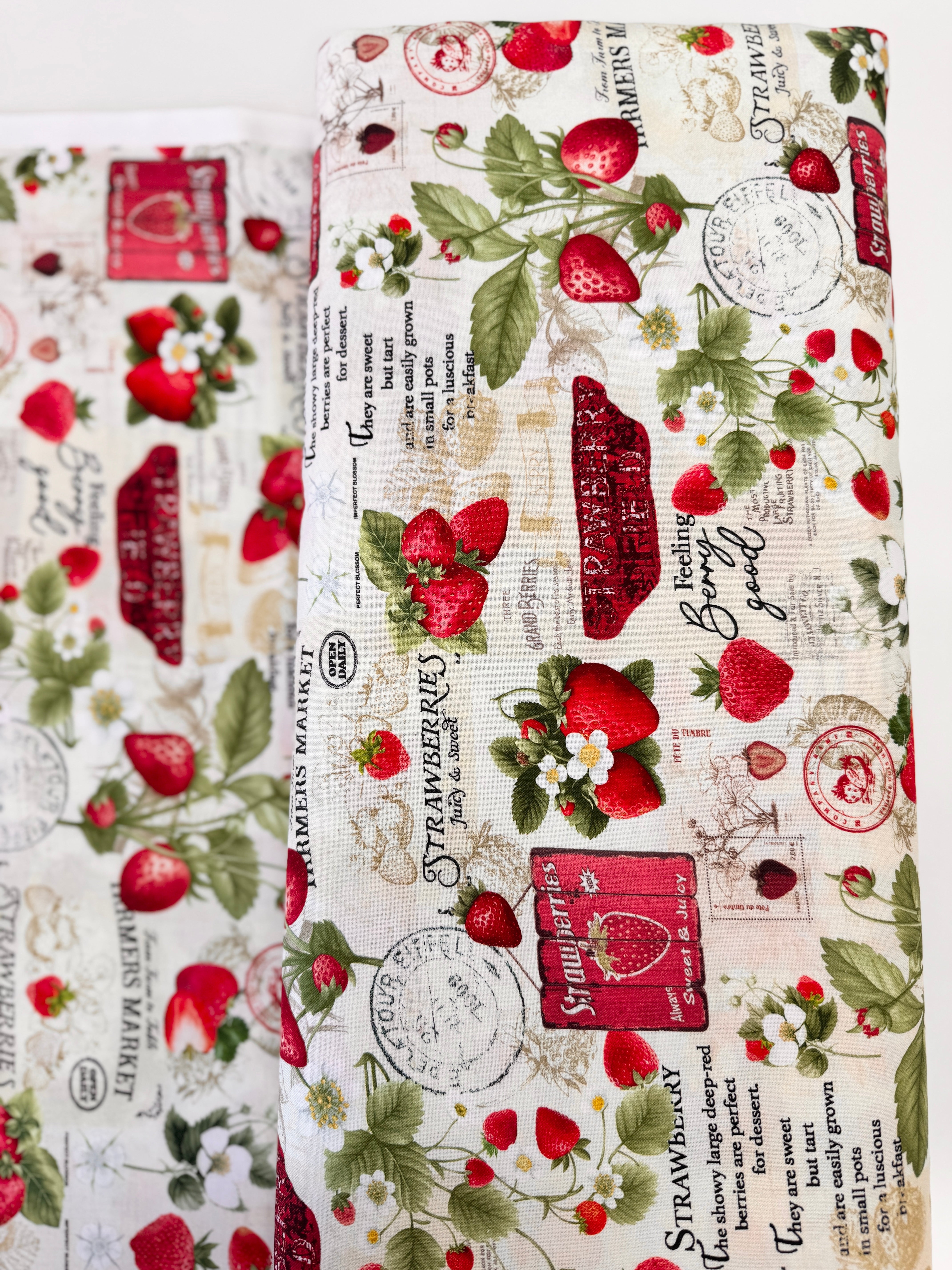 Berry Sweet Strawberries Market Collage Beige Fabric by Timeless Treasures – digitally printed red strawberry and market text design on beige cotton