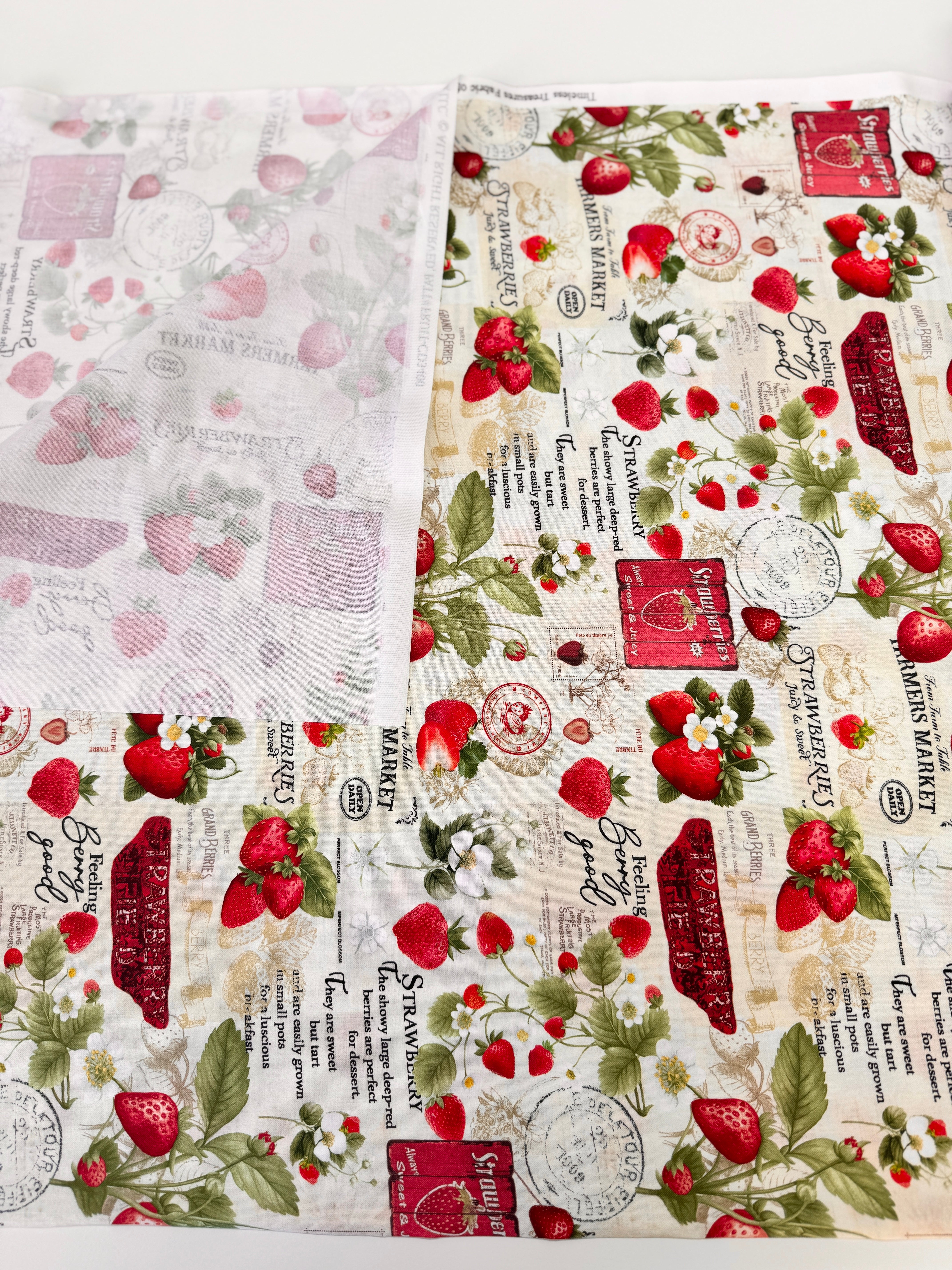 Berry Sweet Strawberries Market Collage Beige Fabric by Timeless Treasures – digitally printed red strawberry and market text design on beige cotton