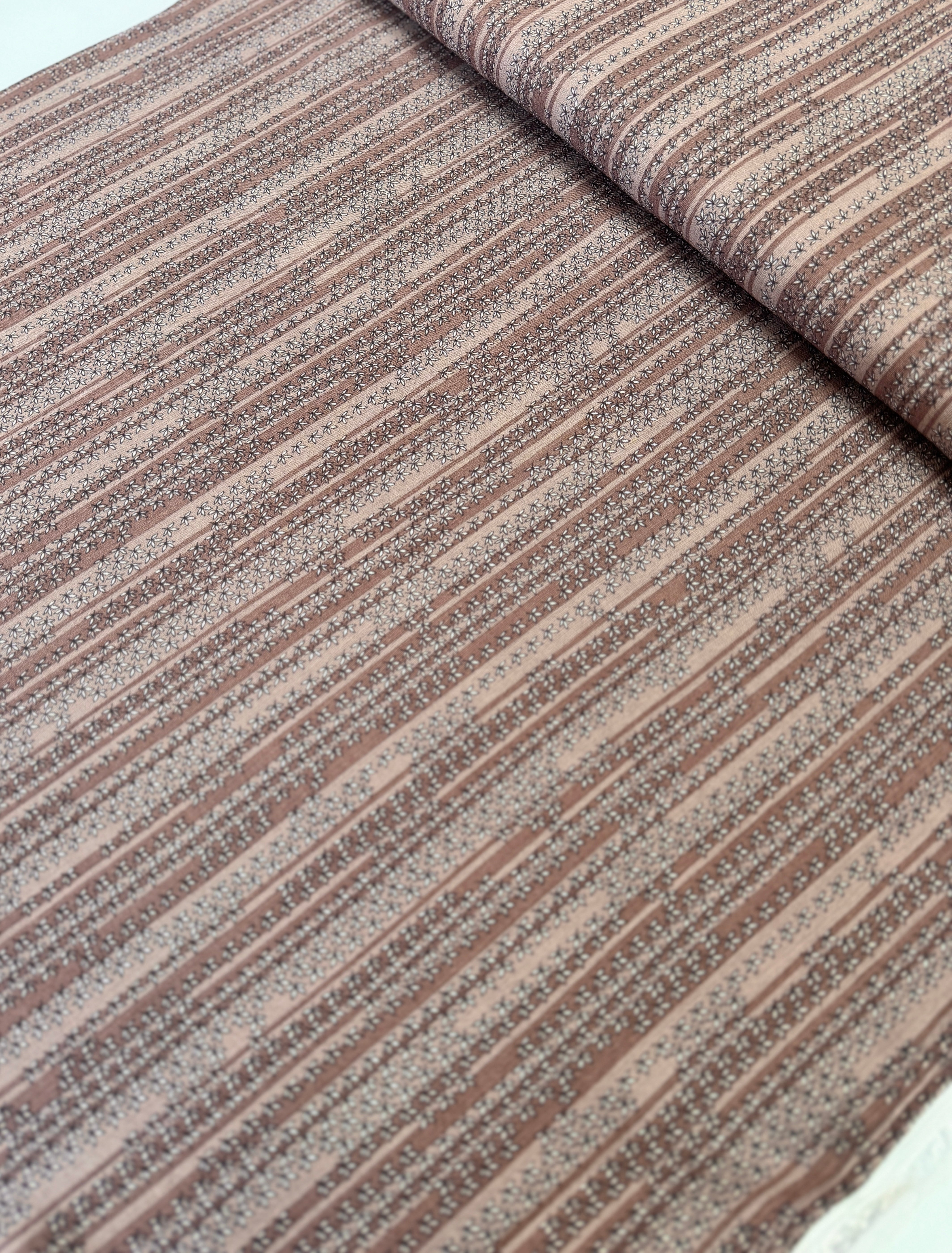 Rayon Crinkle Florals Stripes Brown Fabric by Sunset Studio for Robert Kaufman – lightweight rayon with floral and stripe pattern