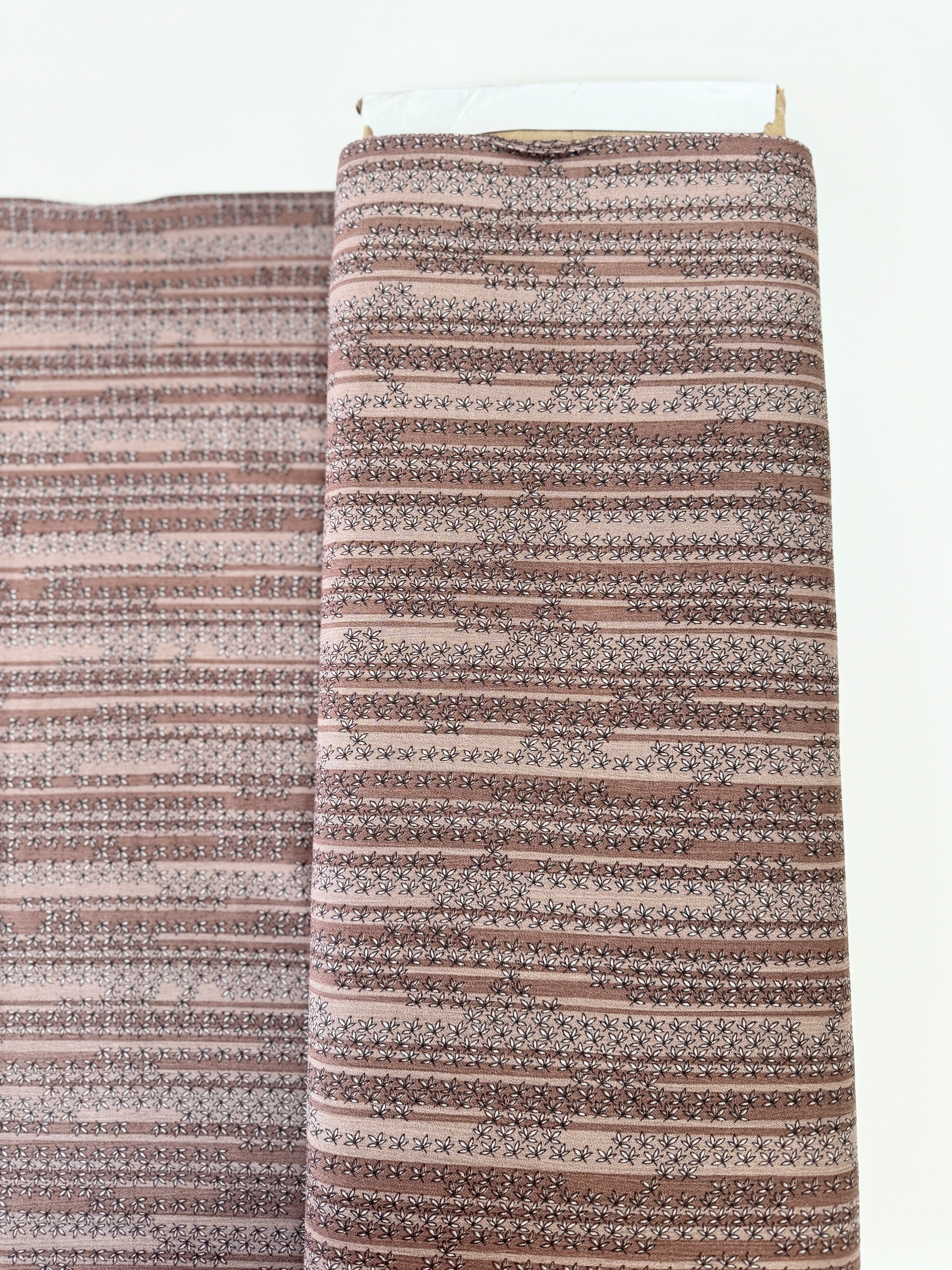 Rayon Crinkle Florals Stripes Brown Fabric by Sunset Studio for Robert Kaufman – lightweight rayon with floral and stripe pattern