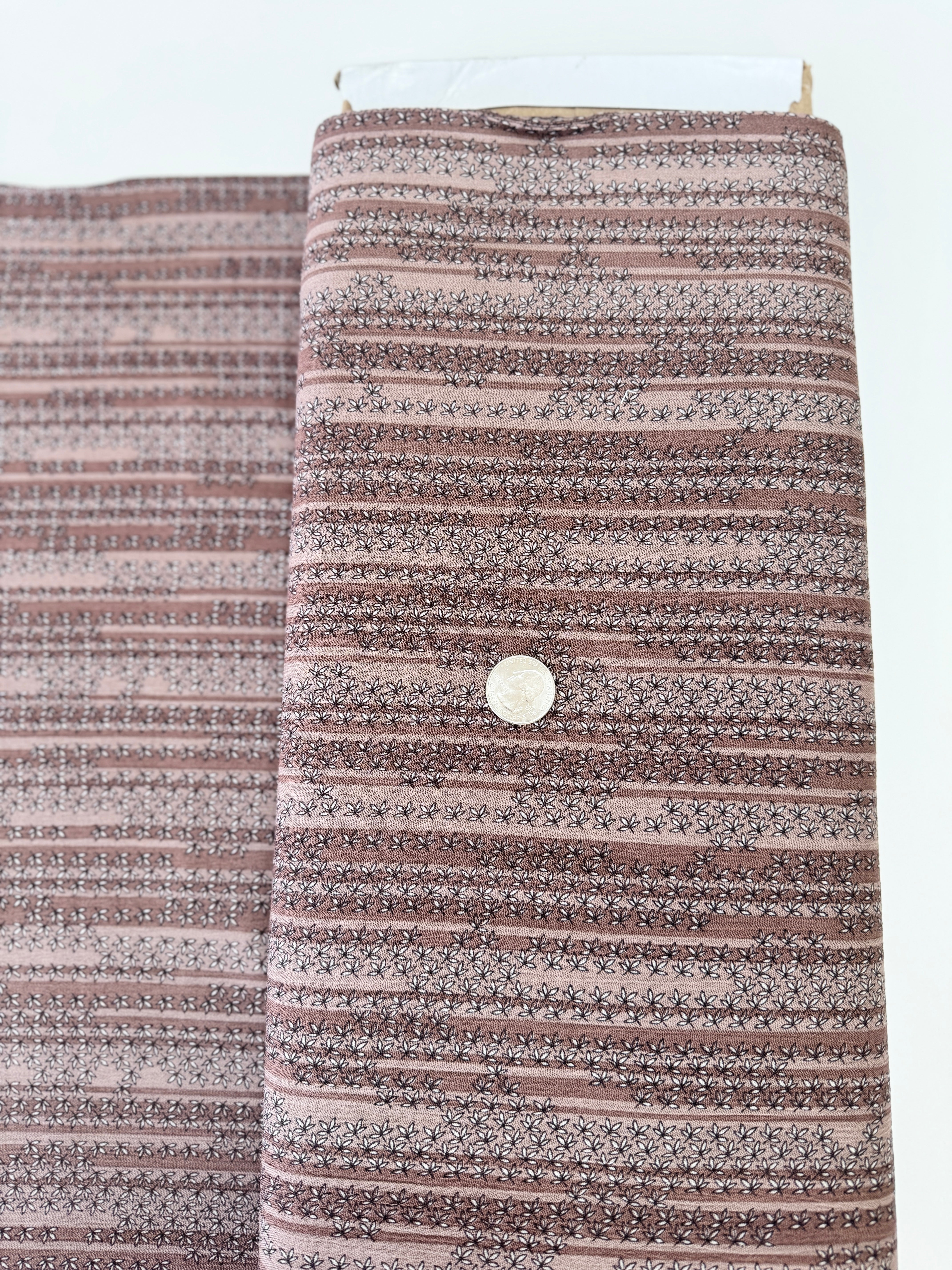 Rayon Crinkle Florals Stripes Brown Fabric by Sunset Studio for Robert Kaufman – lightweight rayon with floral and stripe pattern