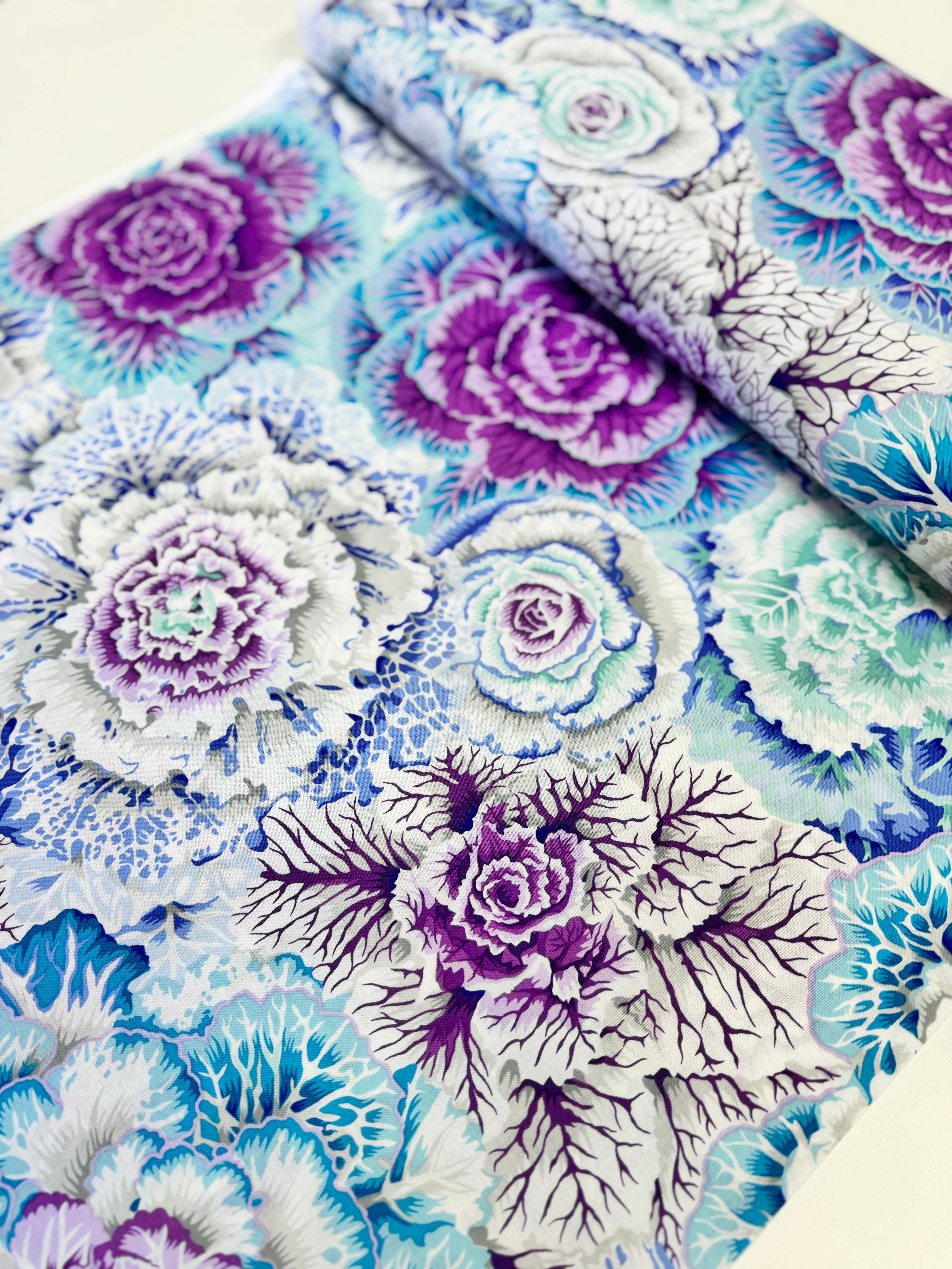 Brassica Sky floral cotton fabric by Philip Jacobs for Free Spirit – Kaffe Fassett Collective blue flower print