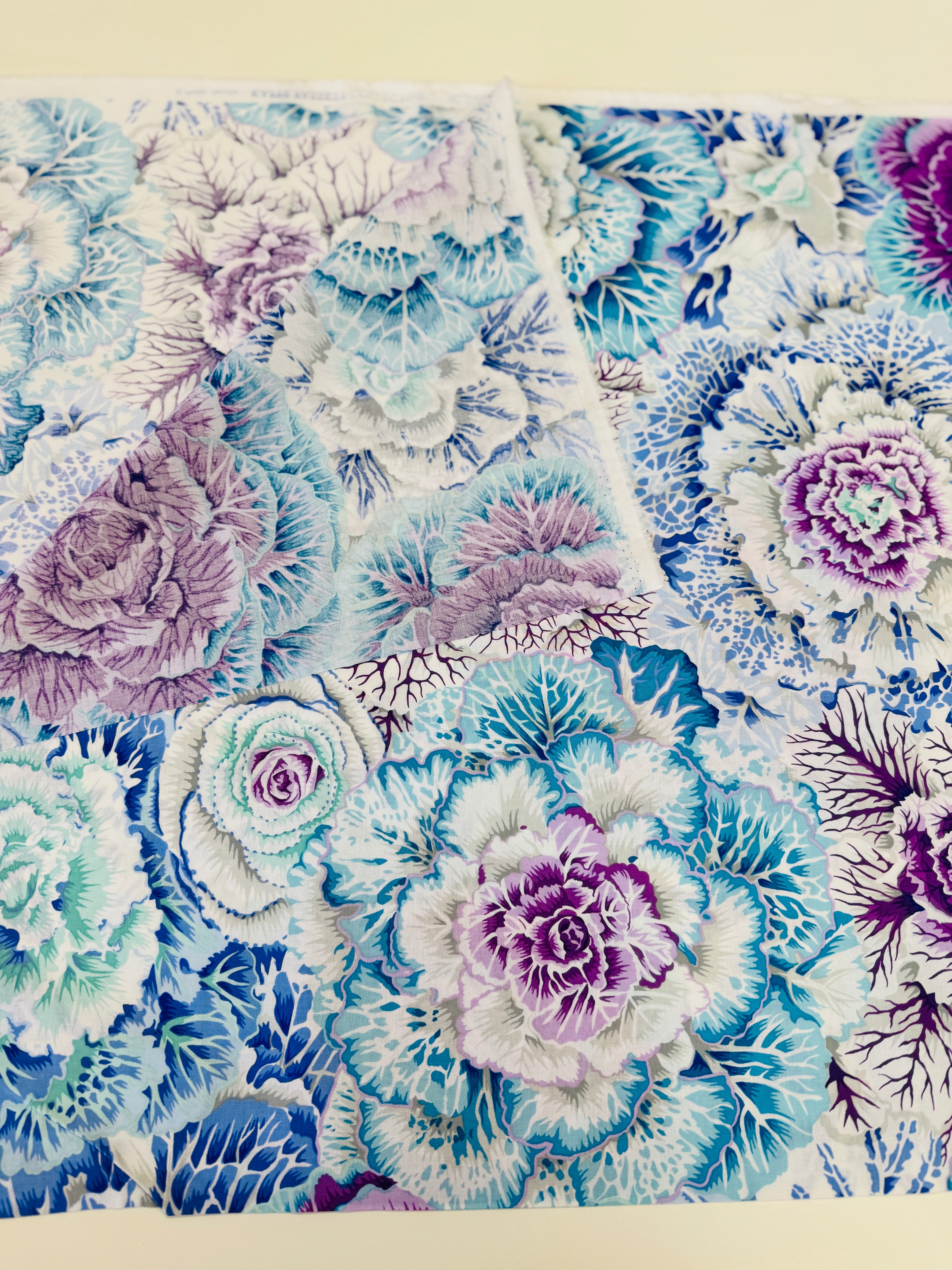 Brassica Sky floral cotton fabric by Philip Jacobs for Free Spirit – Kaffe Fassett Collective blue flower print