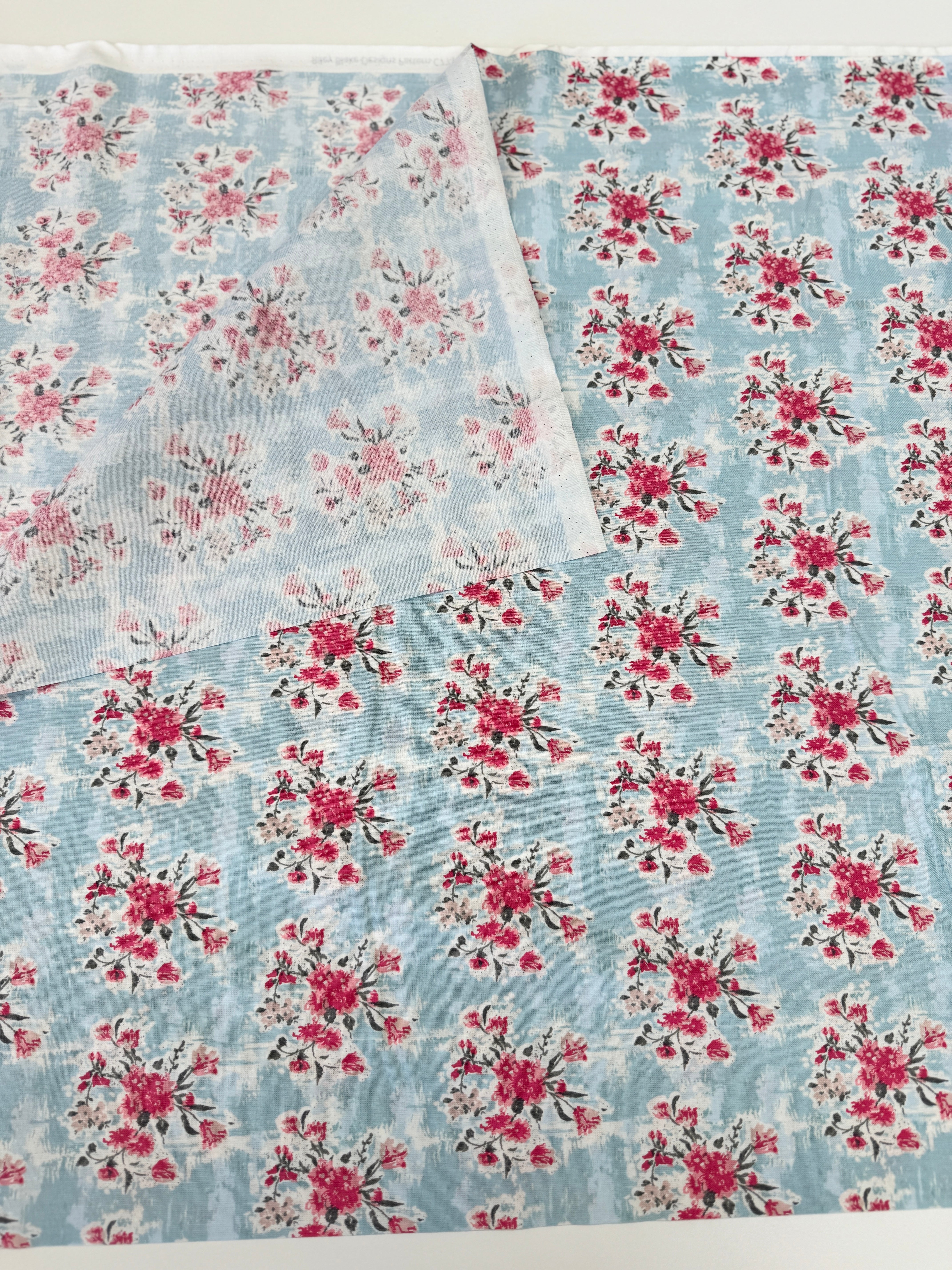 Abbie Floral Aqua Fabric by Sue Daley Designs for Riley Blake – Aqua background with red and white floral print