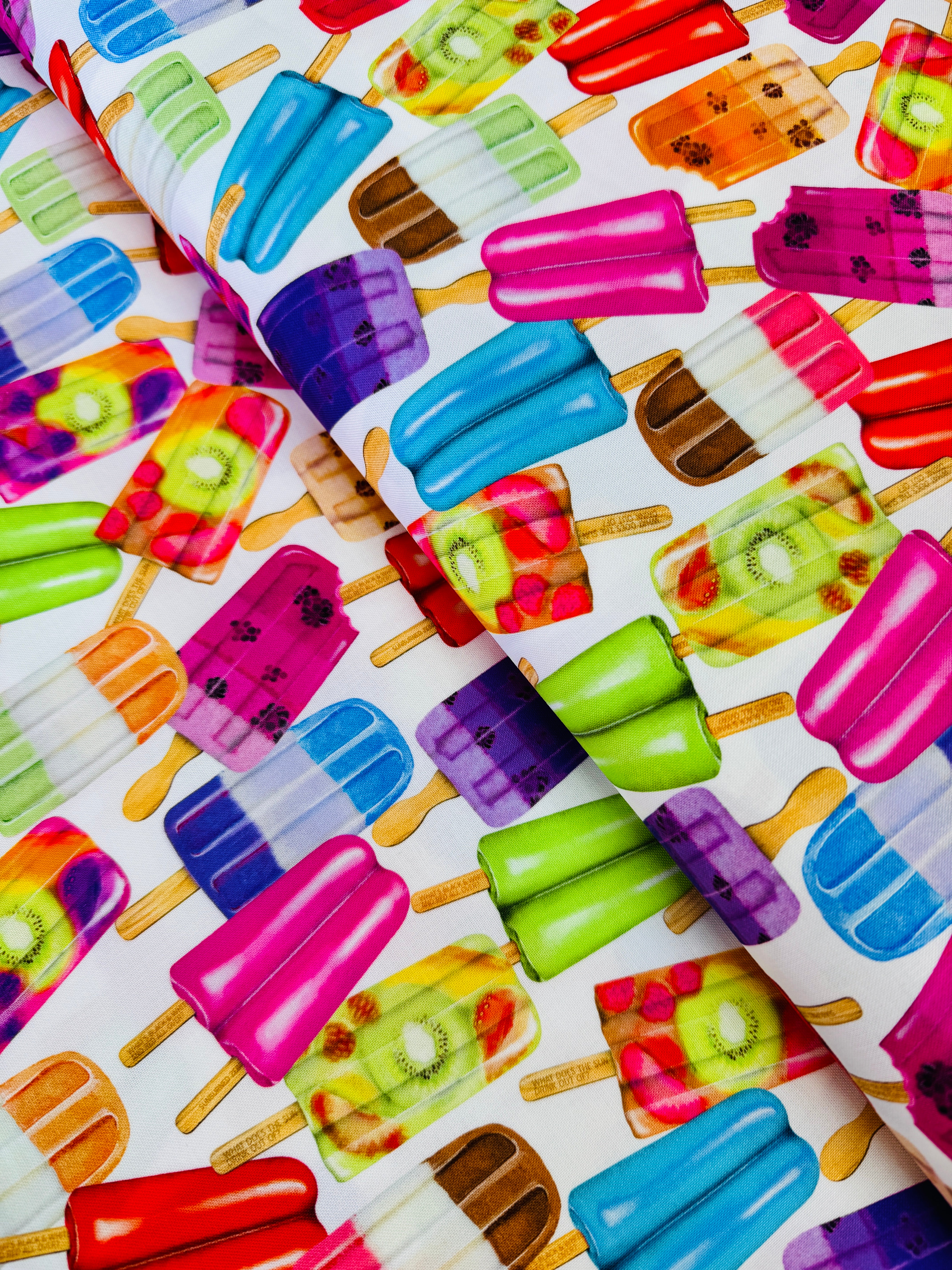 Sweet Tooth Popsicles fabric by Mary Lake Thompson for Robert Kaufman Fabrics – colorful popsicles on white background, 100% cotton quilting fabric.