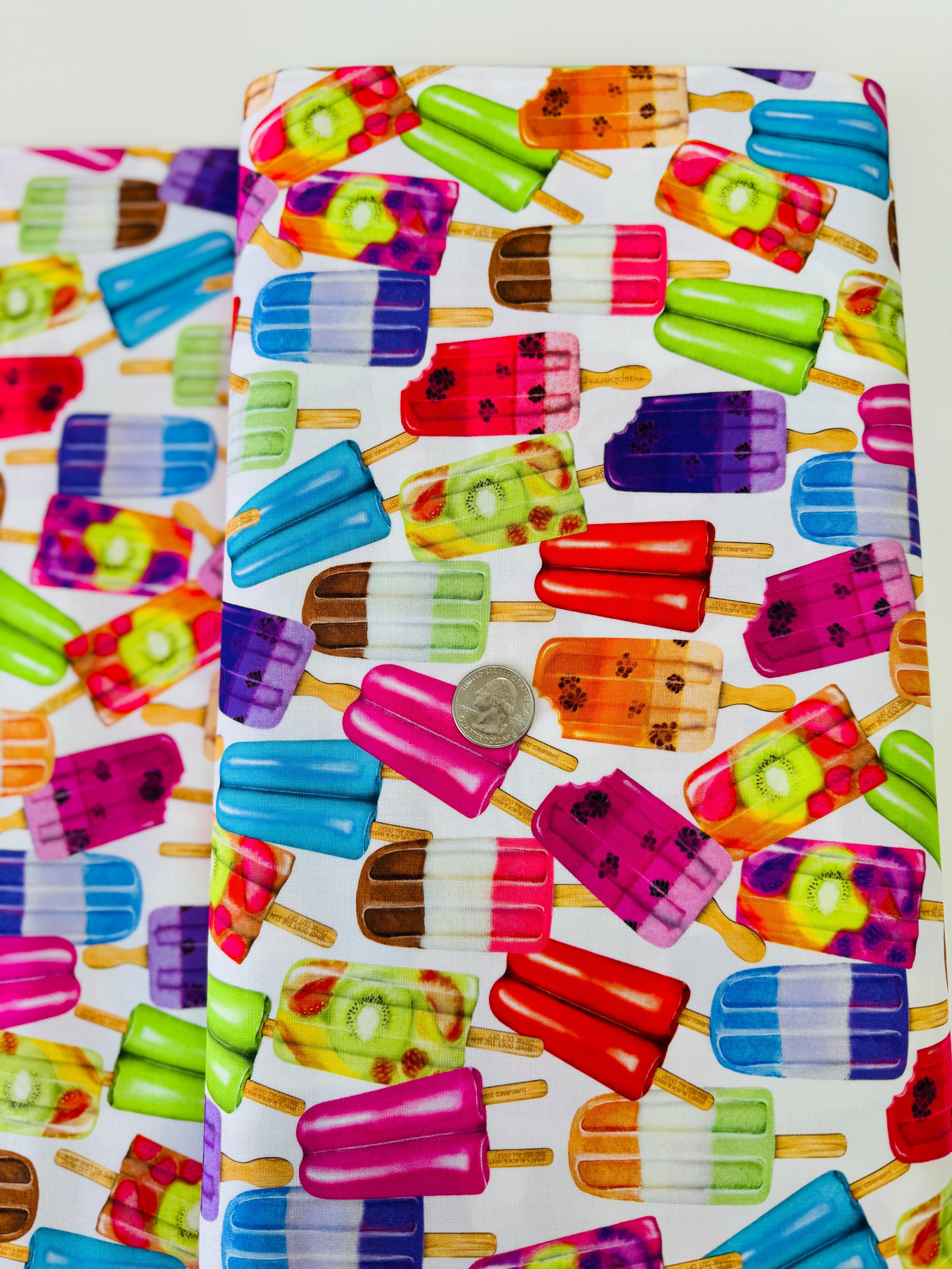 Sweet Tooth Popsicles fabric by Mary Lake Thompson for Robert Kaufman Fabrics – colorful popsicles on white background, 100% cotton quilting fabric.