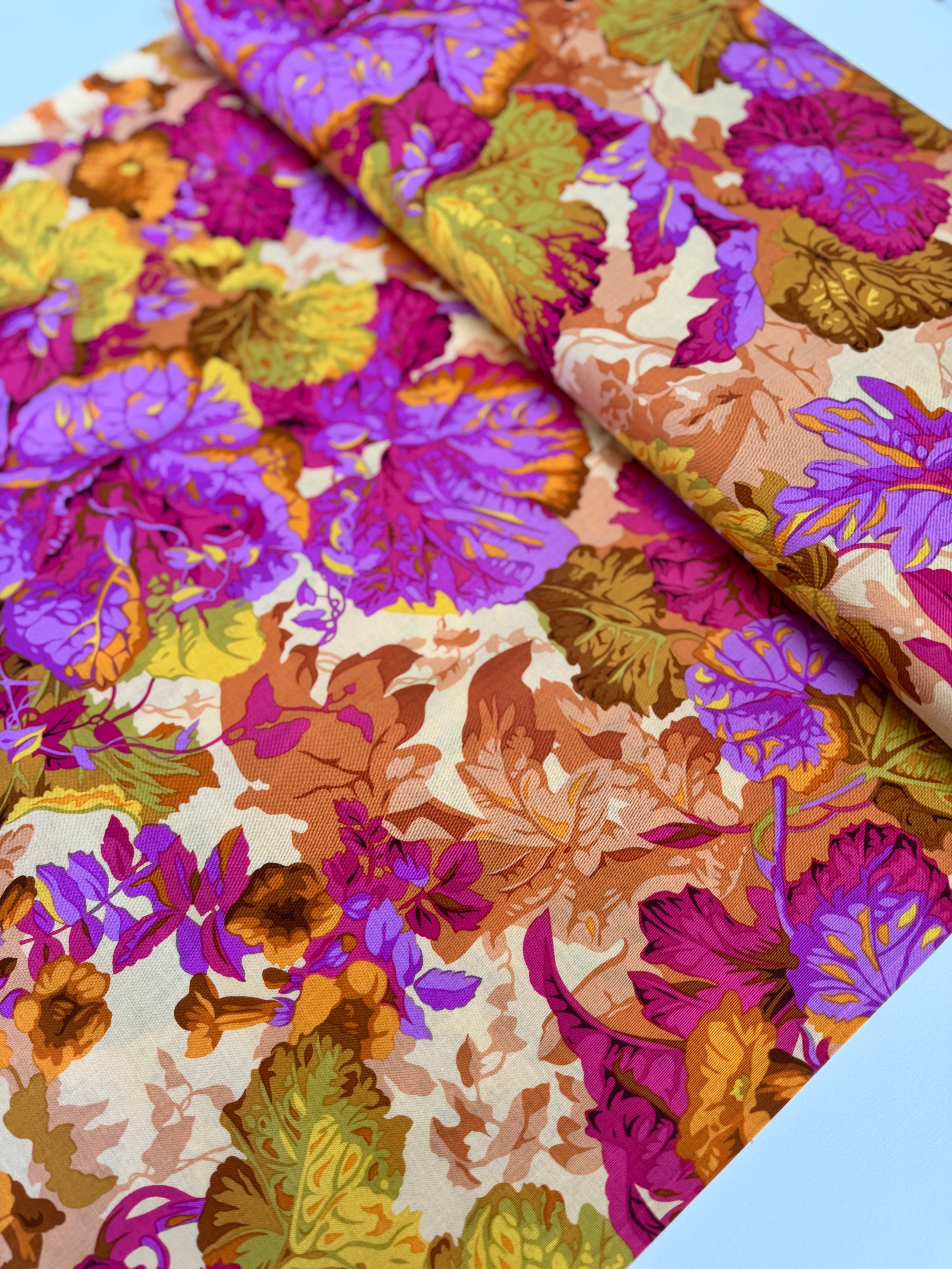 Kaffe Fassett Collective Grandiose Ochre fabric by Philip Jacobs for Free Spirit Fabrics, bold floral quilting cotton