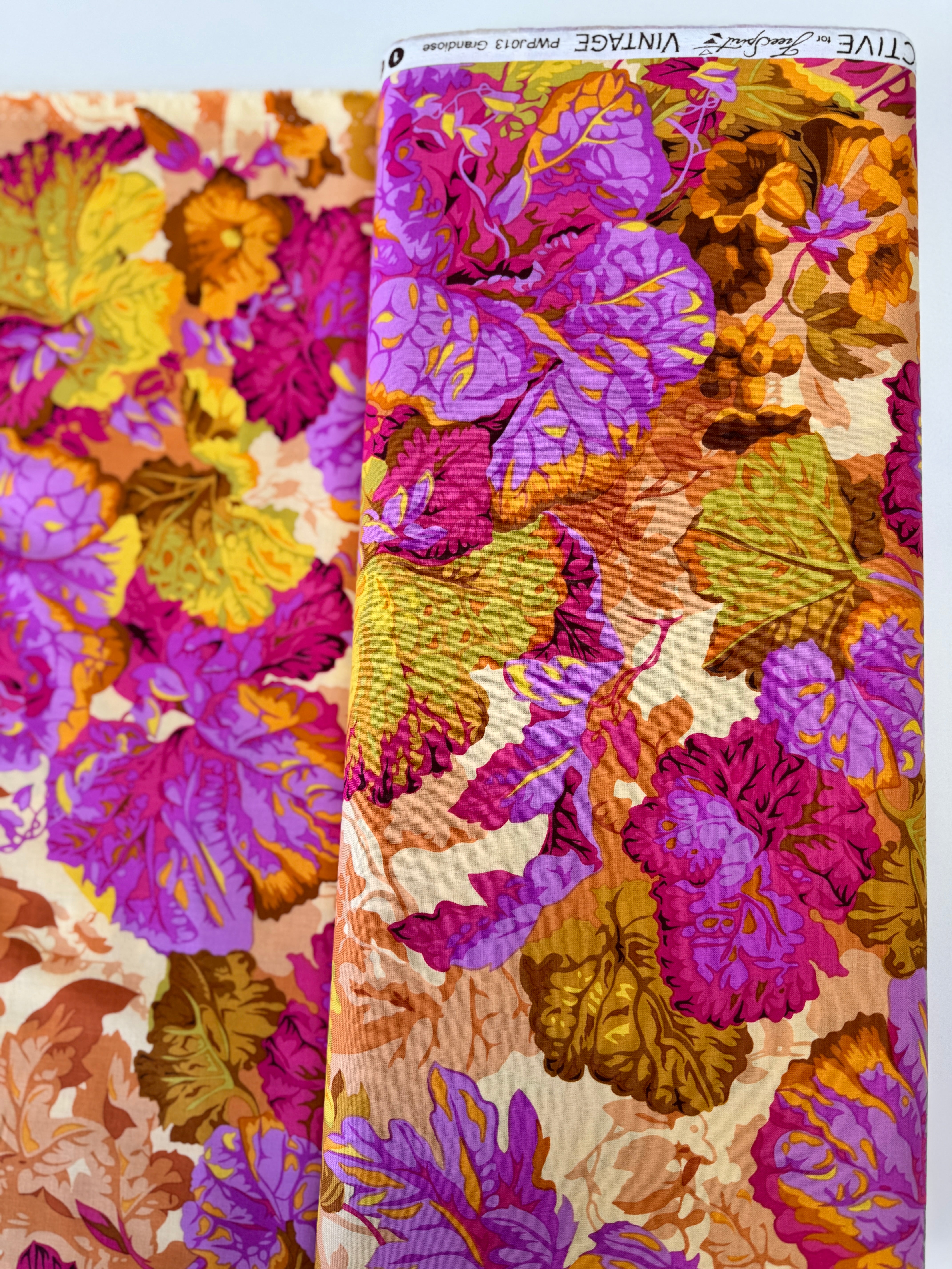 Kaffe Fassett Collective Grandiose Ochre fabric by Philip Jacobs for Free Spirit Fabrics, bold floral quilting cotton