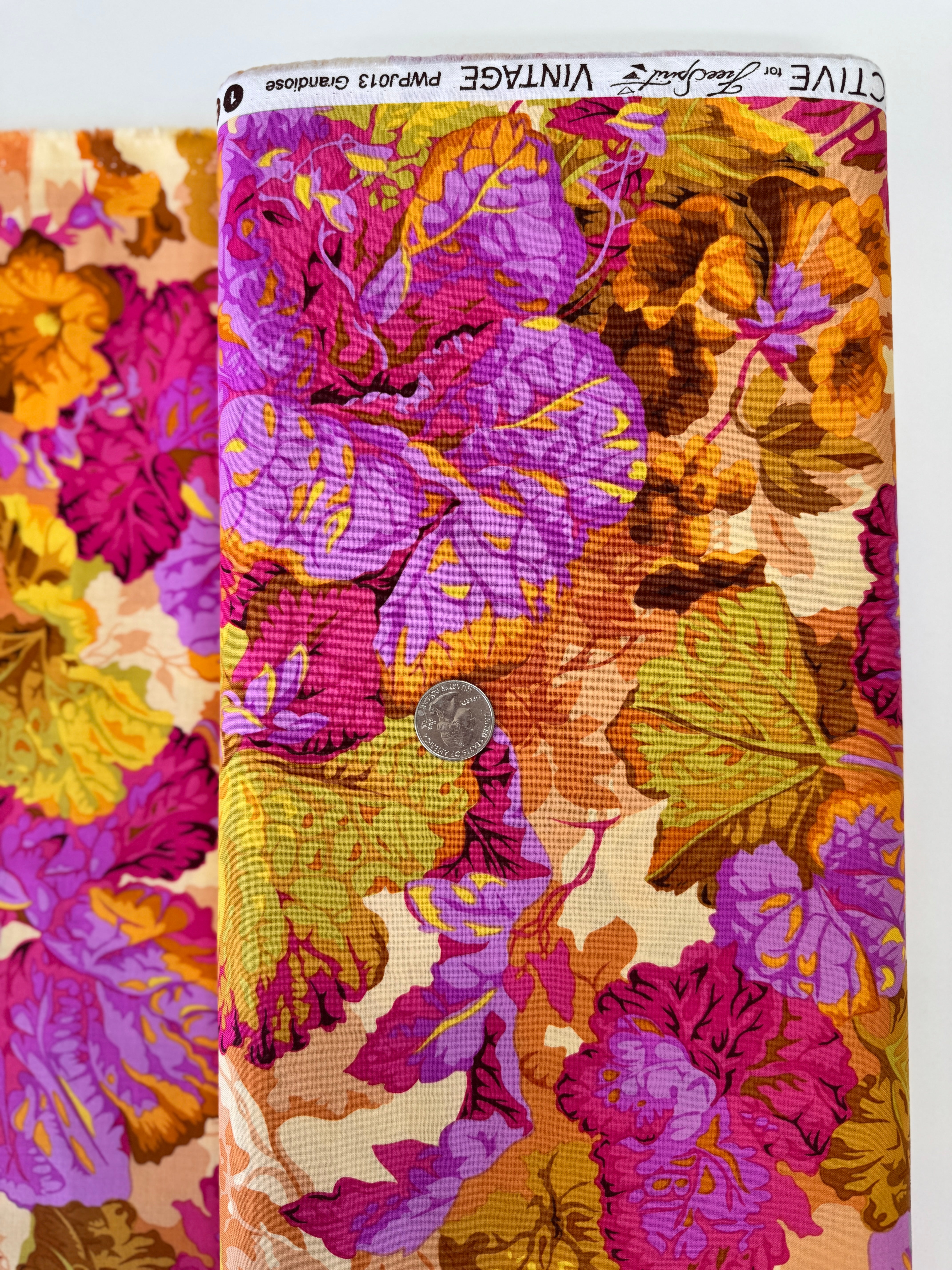 Kaffe Fassett Collective Grandiose Ochre fabric by Philip Jacobs for Free Spirit Fabrics, bold floral quilting cotton