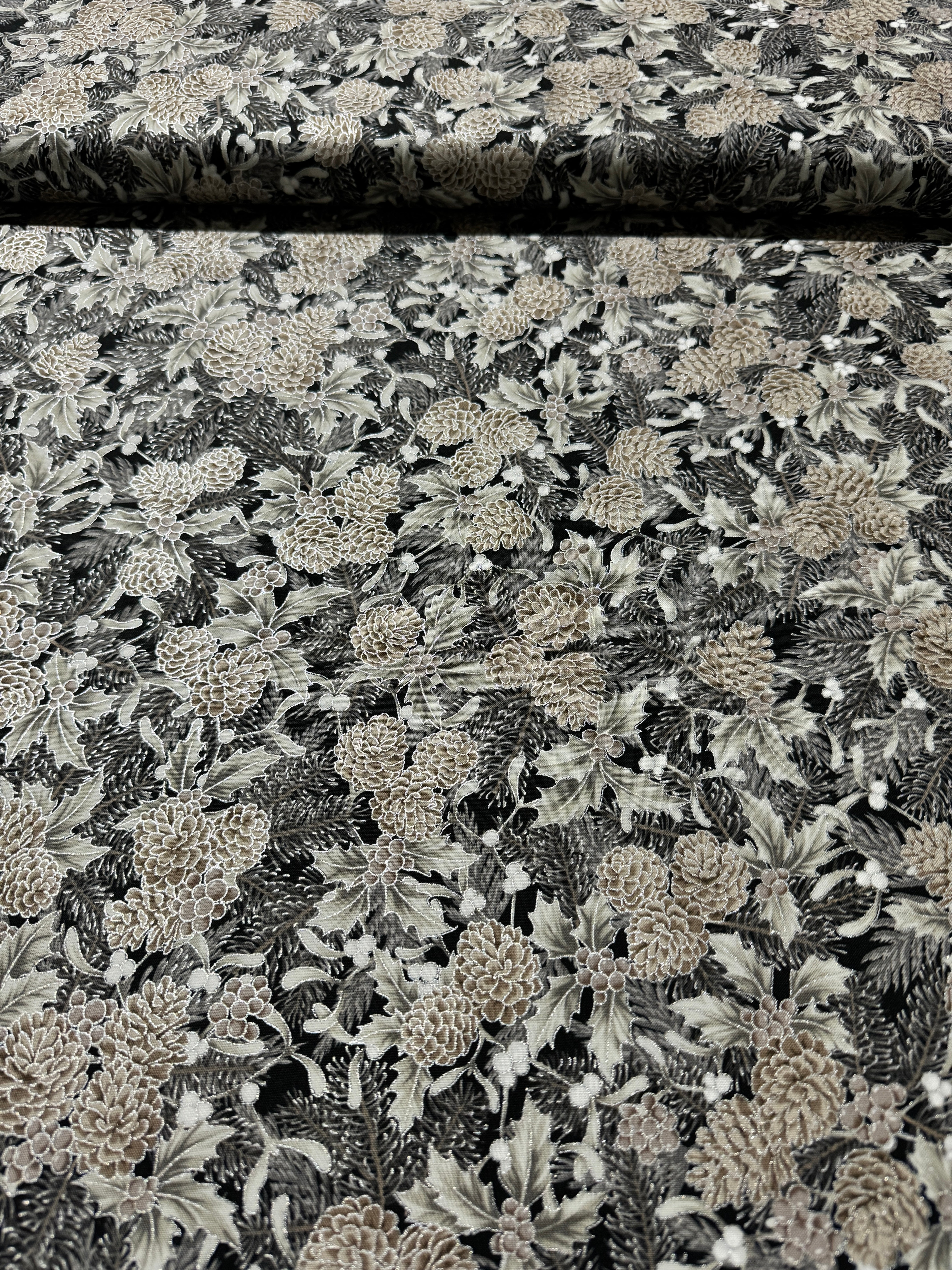 Fat Quarter - Holiday Flourish - Festive Finery - Pinecones Shadow Silver
