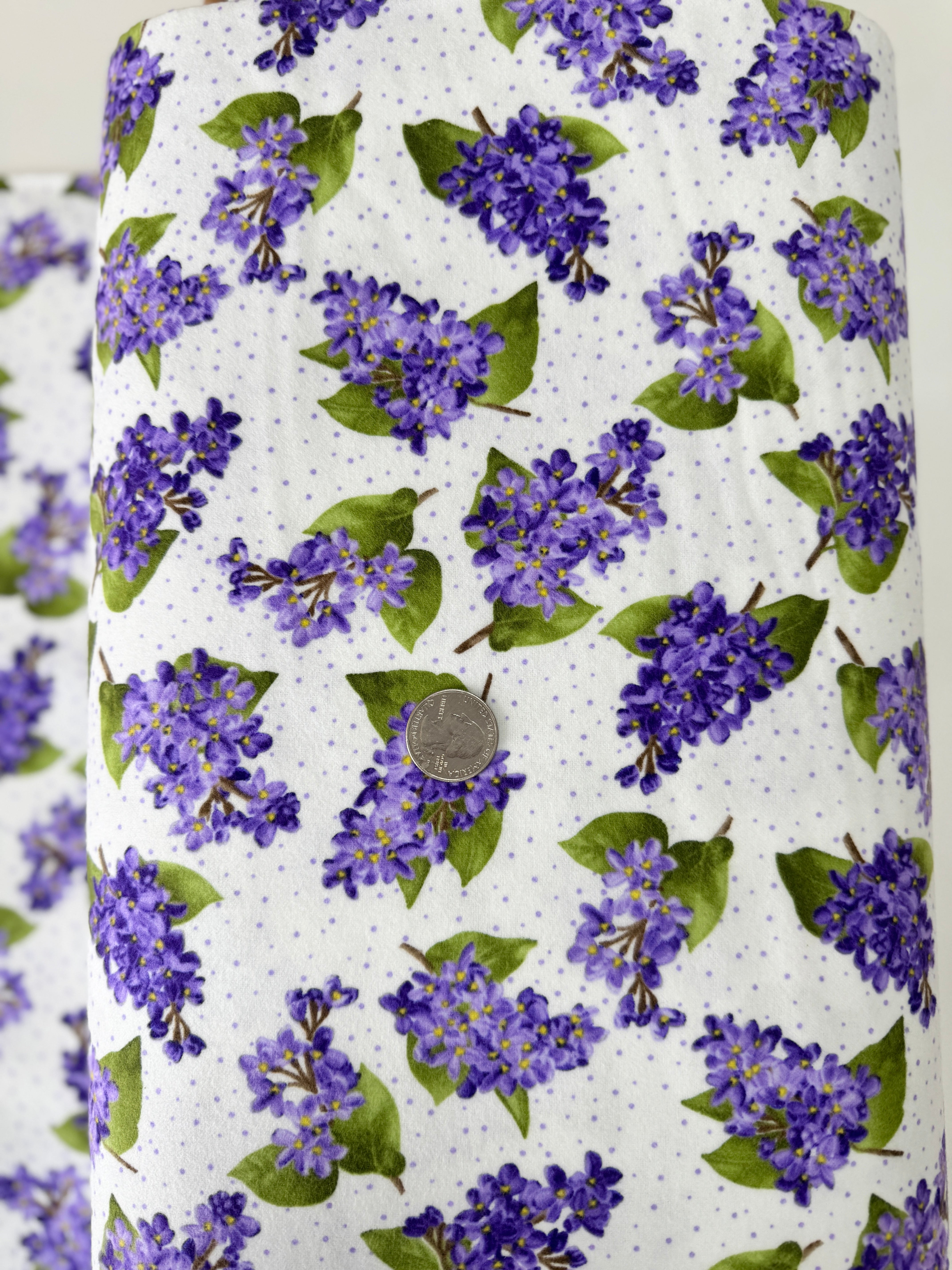 Flowerhouse - Elizabeth Lilacs Dots White Flannel Yardage
