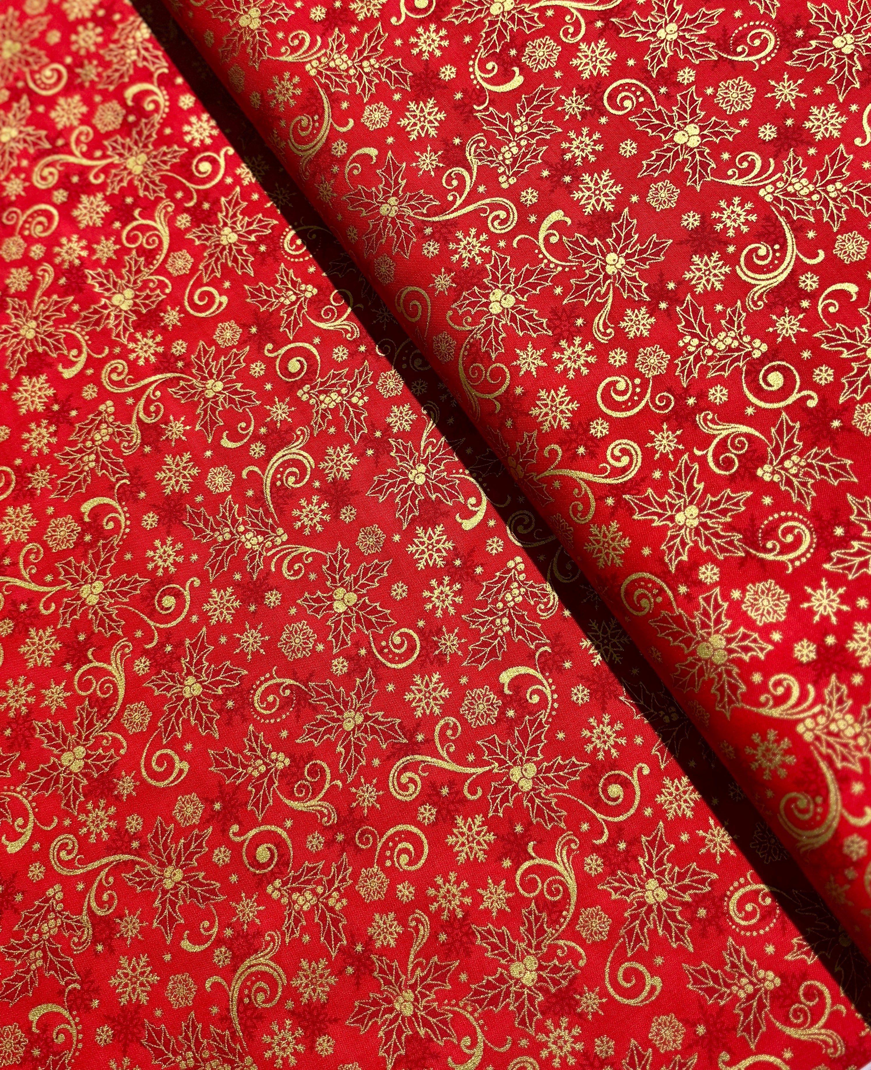 Traditional Trimmings - Gold Swirls Snowflakes on Red - Remnant