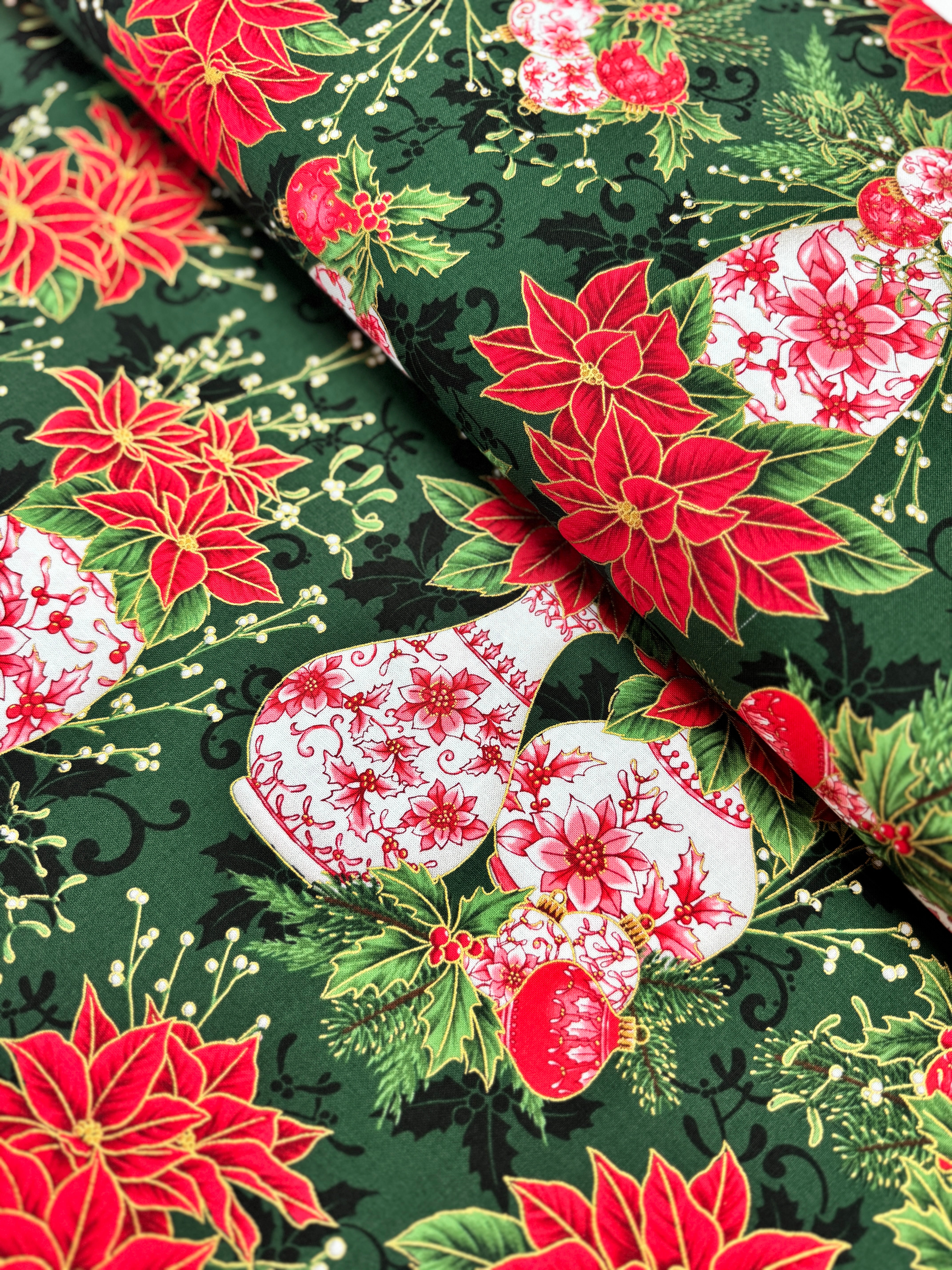 Holiday Flourish Festive Finery Vases Pine Gold Metallic Quilting Cotton by Studio RK for Robert Kaufman Fabrics – Christmas sewing fabric