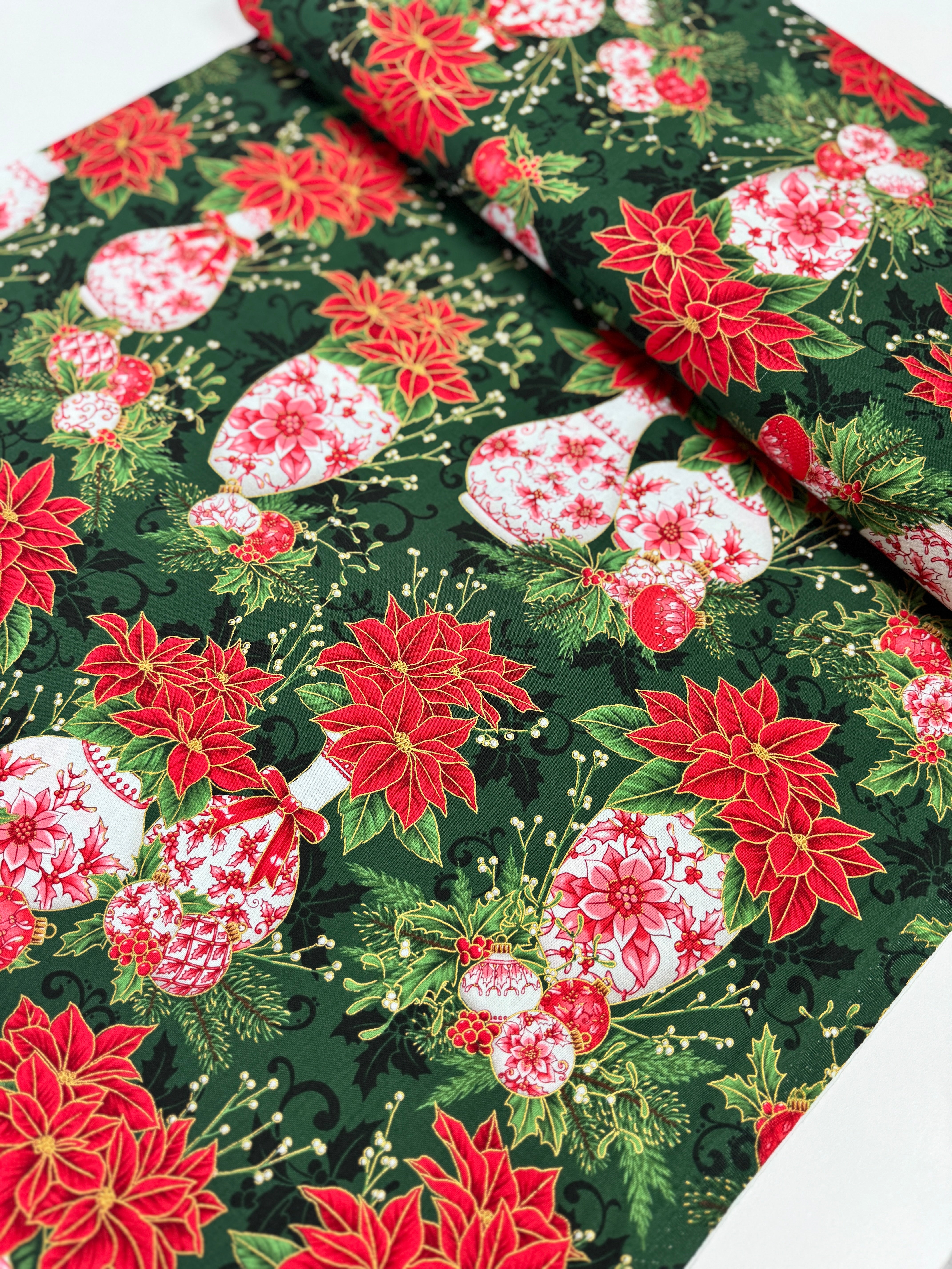 Holiday Flourish Festive Finery Vases Pine Gold Metallic Quilting Cotton by Studio RK for Robert Kaufman Fabrics – Christmas sewing fabric