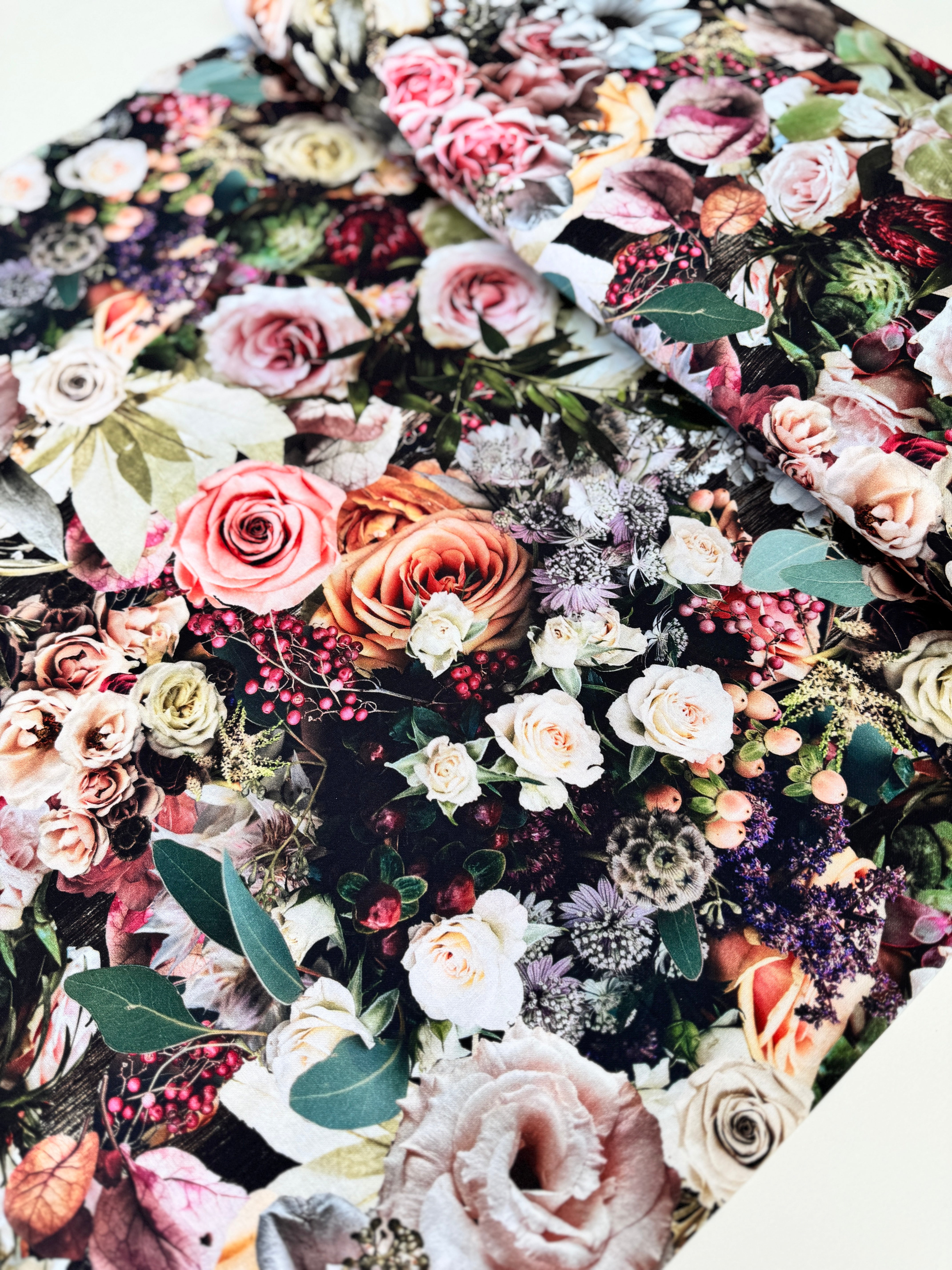 Serene Daydream – Rose Spectrum Digital Print by Hoffman Fabrics, quilting cotton with delicate pink, peach & white roses and green foliage – U5132-63