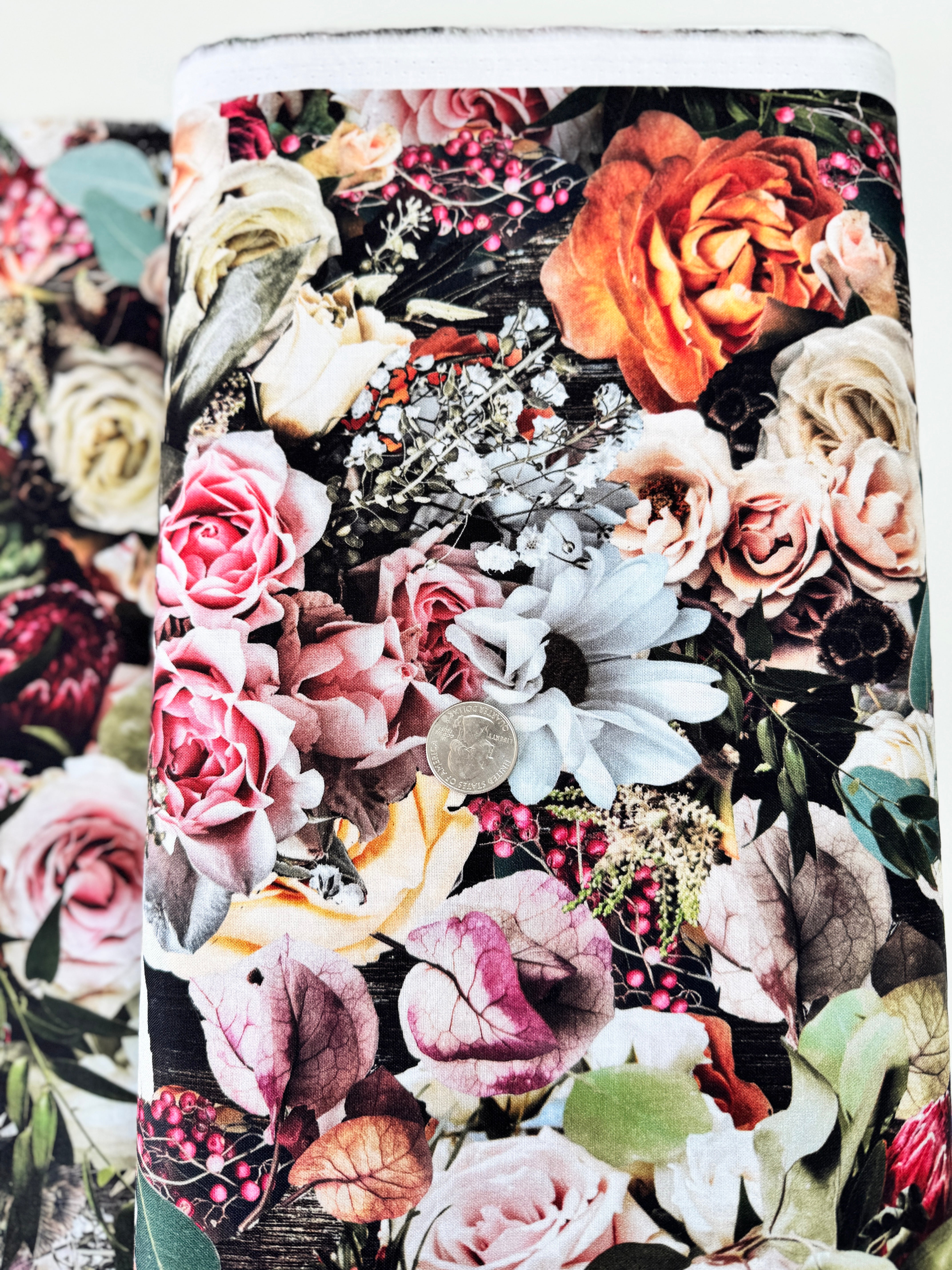 Serene Daydream – Rose Spectrum Digital Print by Hoffman Fabrics, quilting cotton with delicate pink, peach & white roses and green foliage – U5132-63