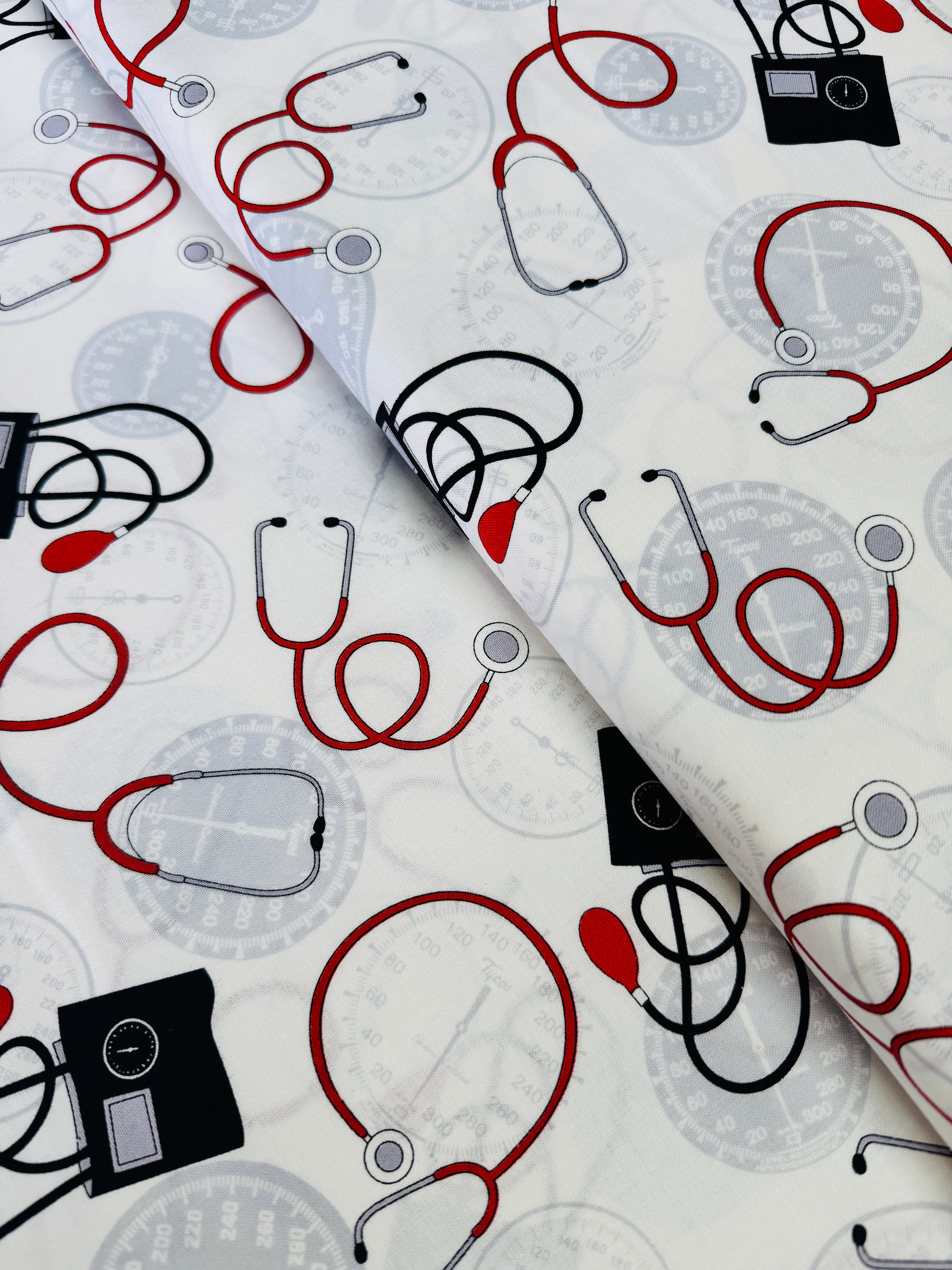 Calling All Nurses - Blood Pressure Cuff/Stethoscope On White Yardage