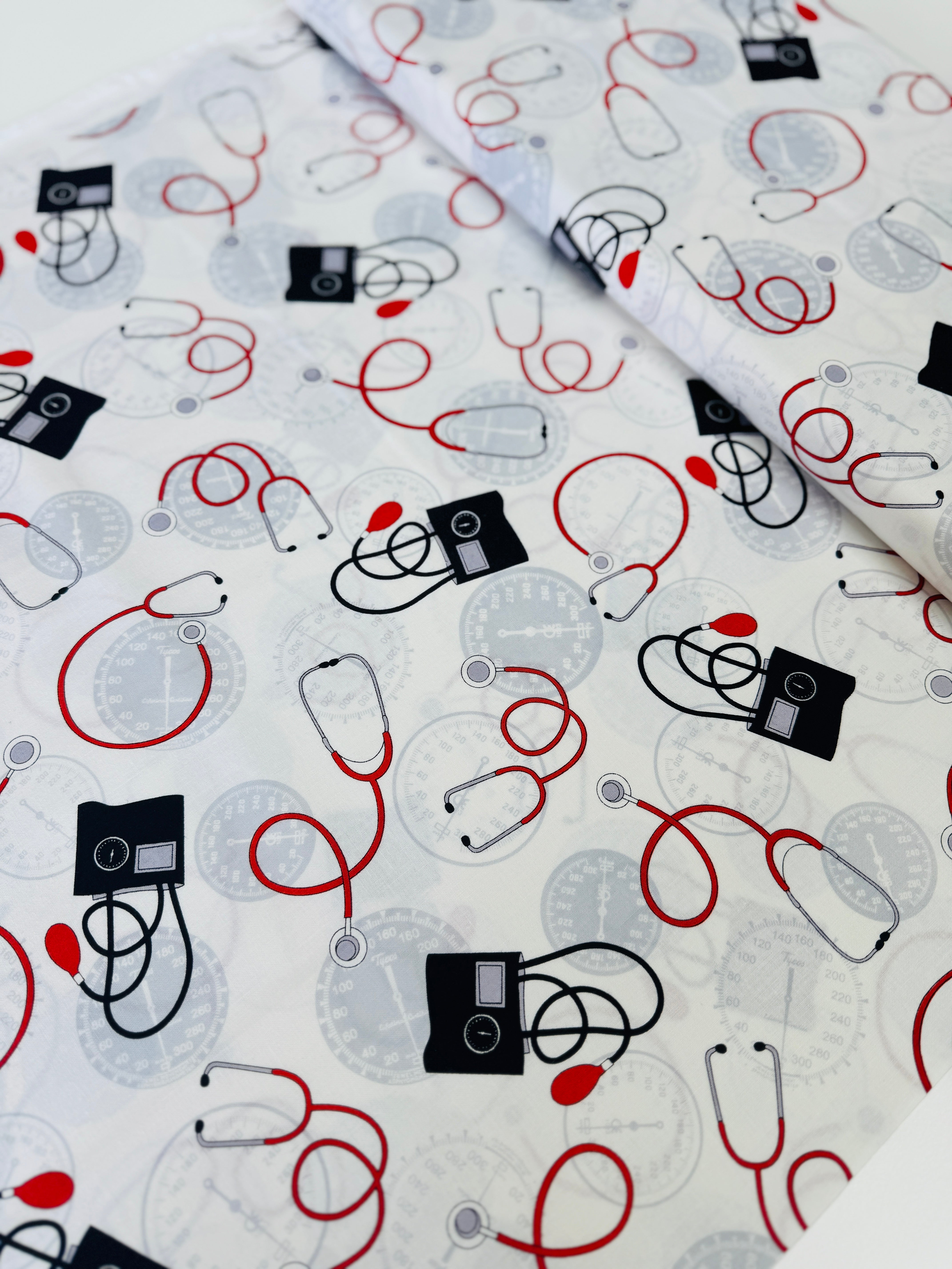 Calling All Nurses - Blood Pressure Cuff/Stethoscope On White Yardage