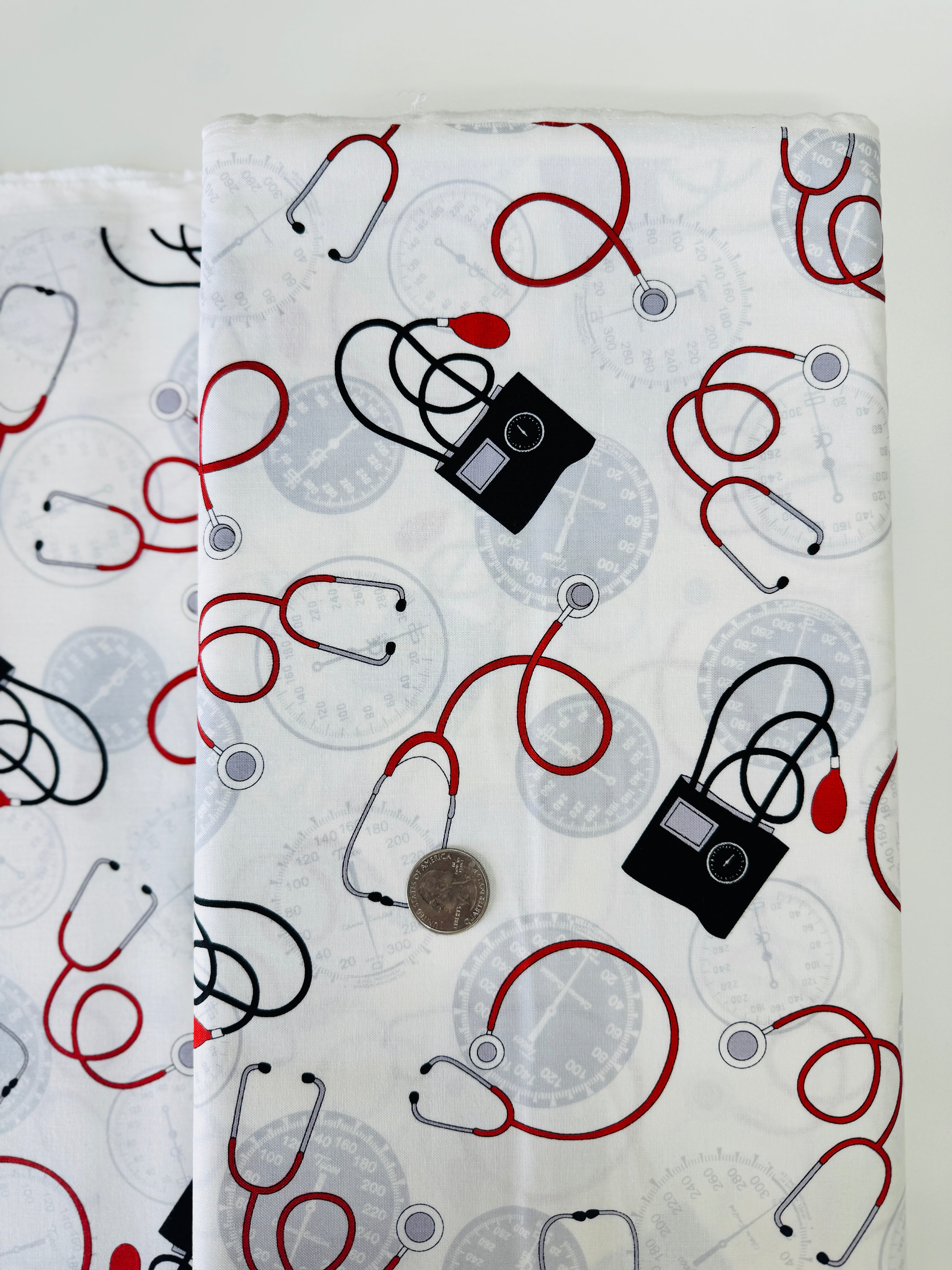 Calling All Nurses - Blood Pressure Cuff/Stethoscope On White Yardage