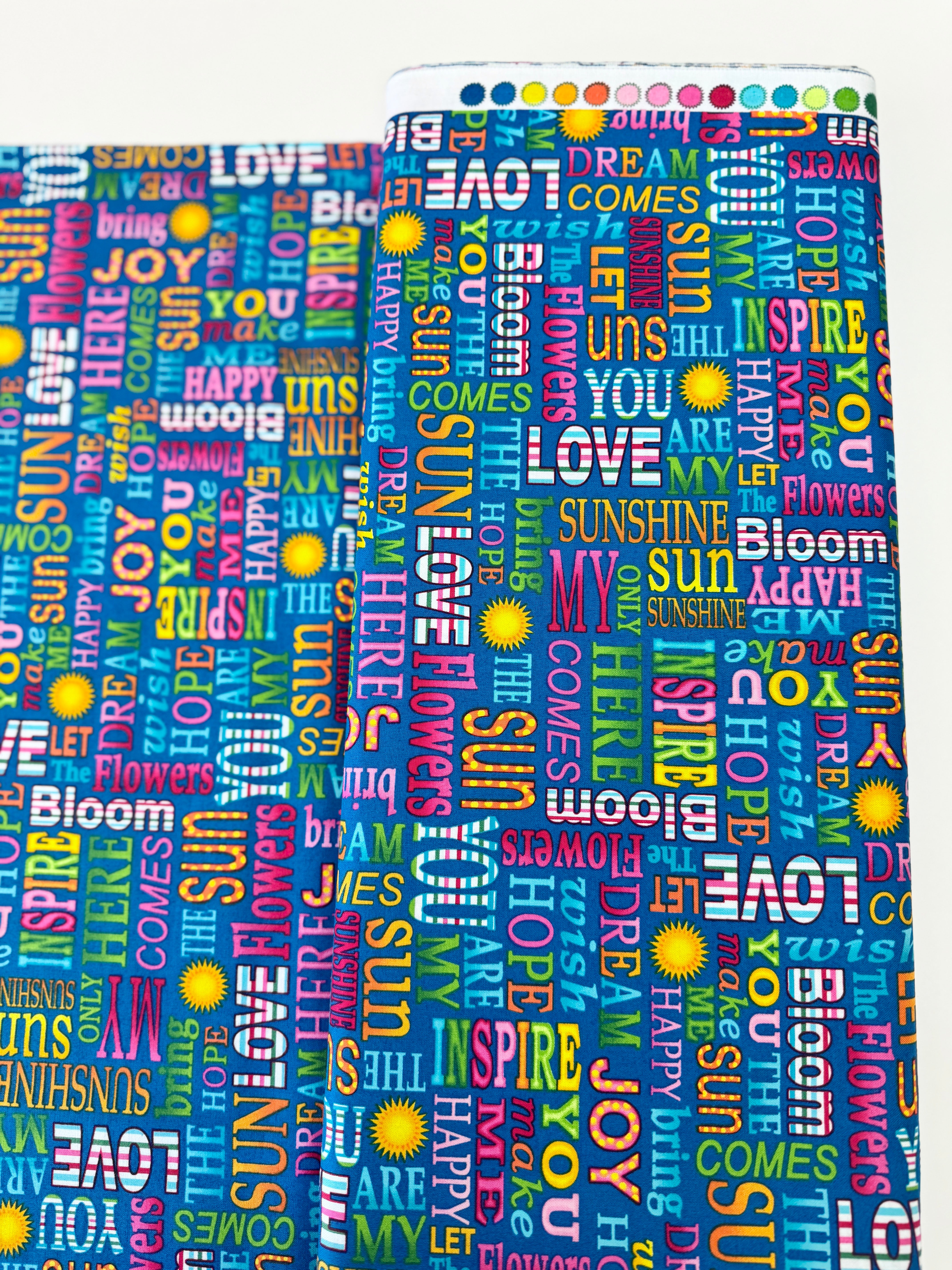 Sunshine Kisses – Words Fabric by Studio E Fabrics – uplifting typography print on premium quilting cotton